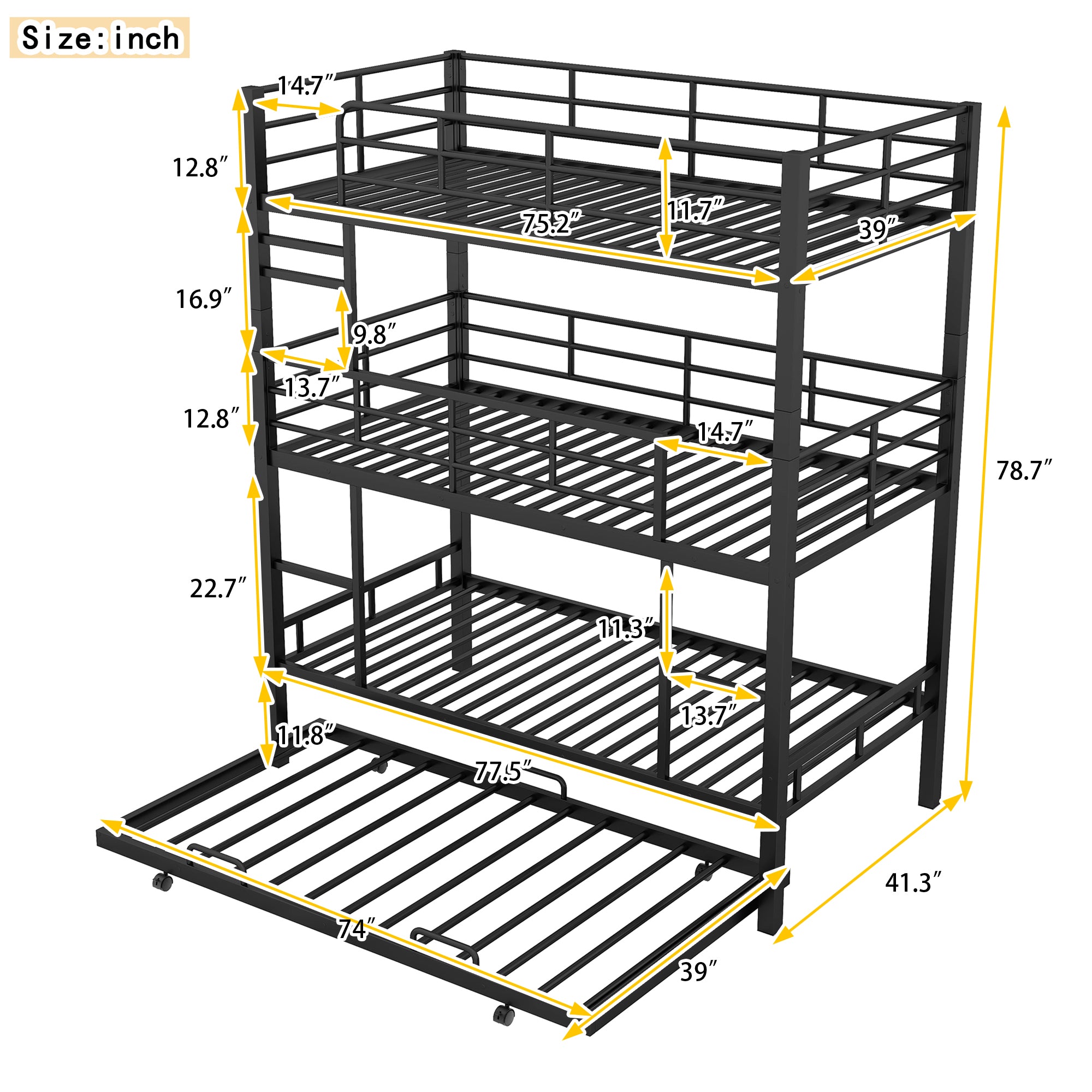 Dimension diagram for the metal twin triple bunk bed with trundle