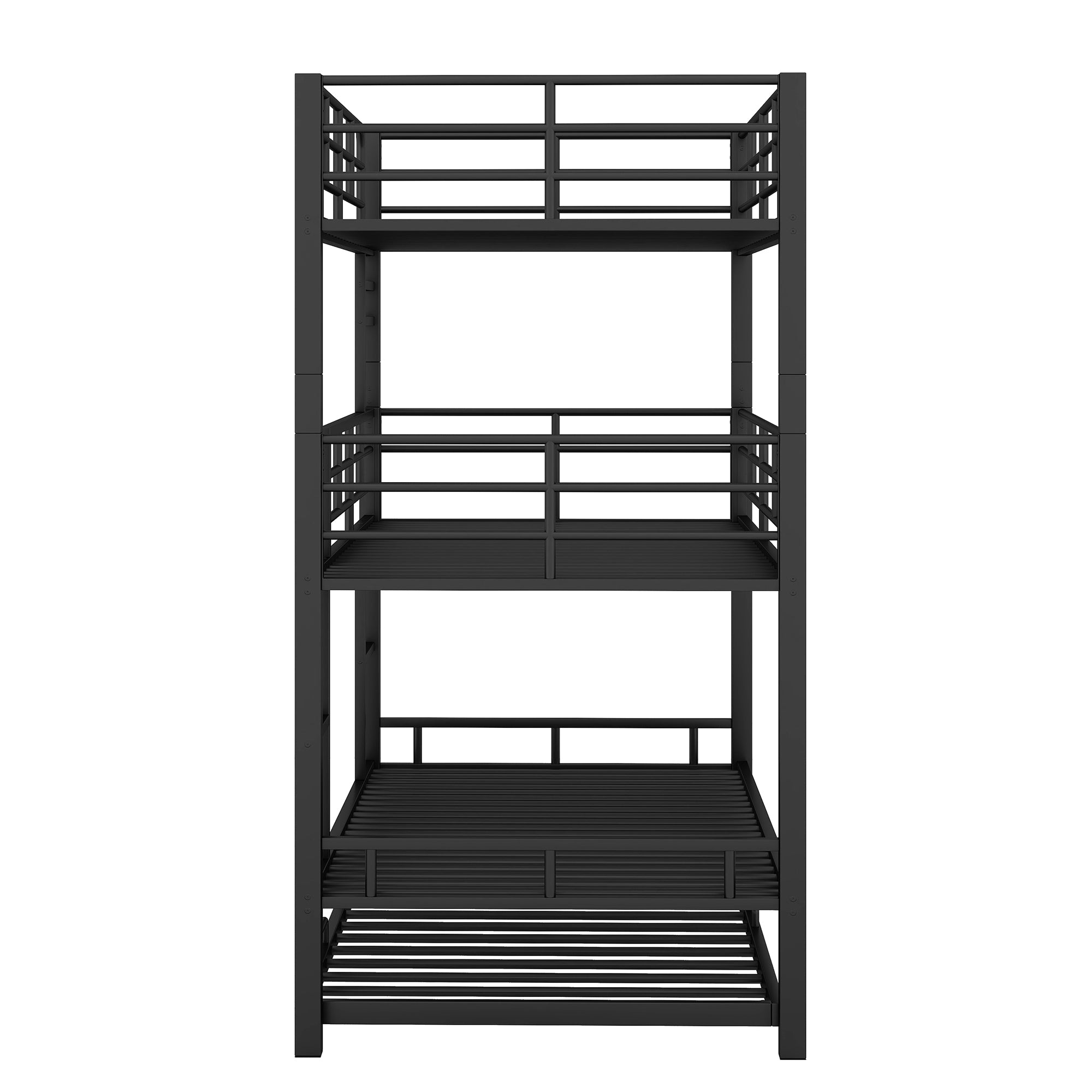 End view of the black metal triple bunk bed frame