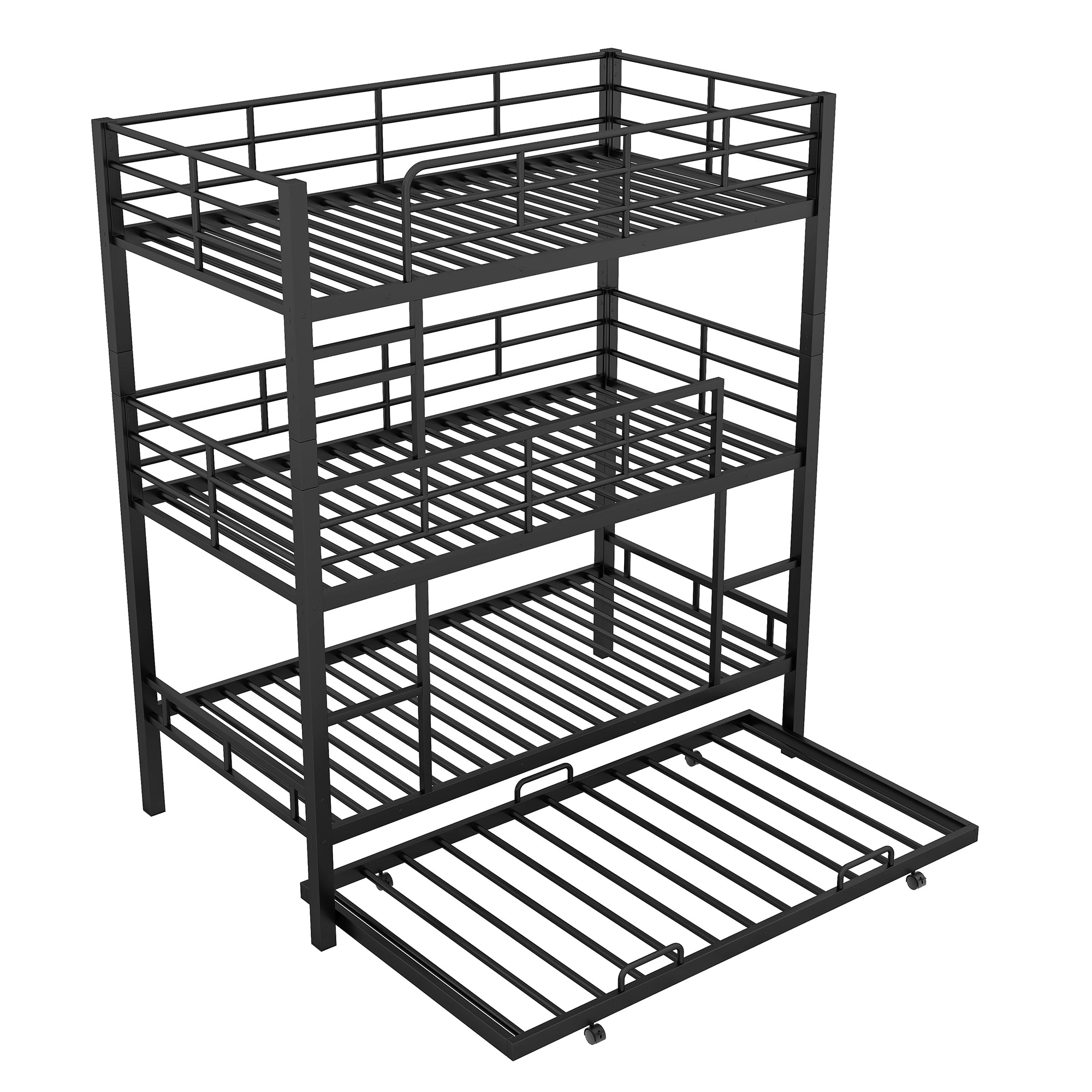 Isolated angled view of the triple bunk bed frame with trundle