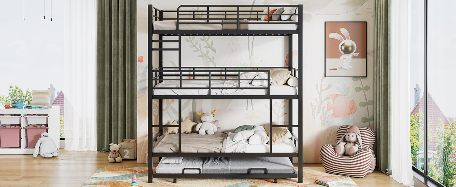 Front bedroom view of the three-tier bunk bed and twin trundle