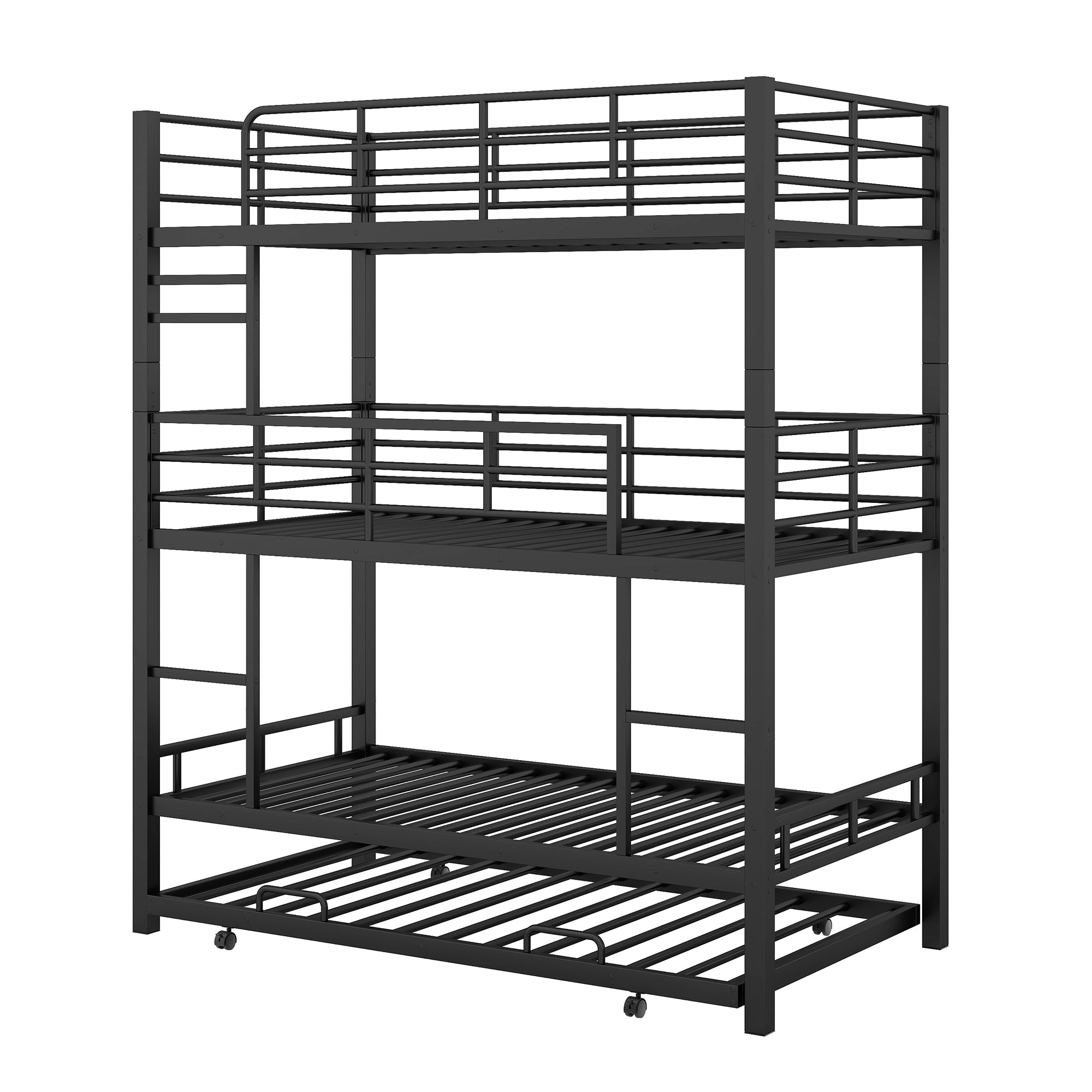 Isolated front view of the three-tier metal bunk bed frame