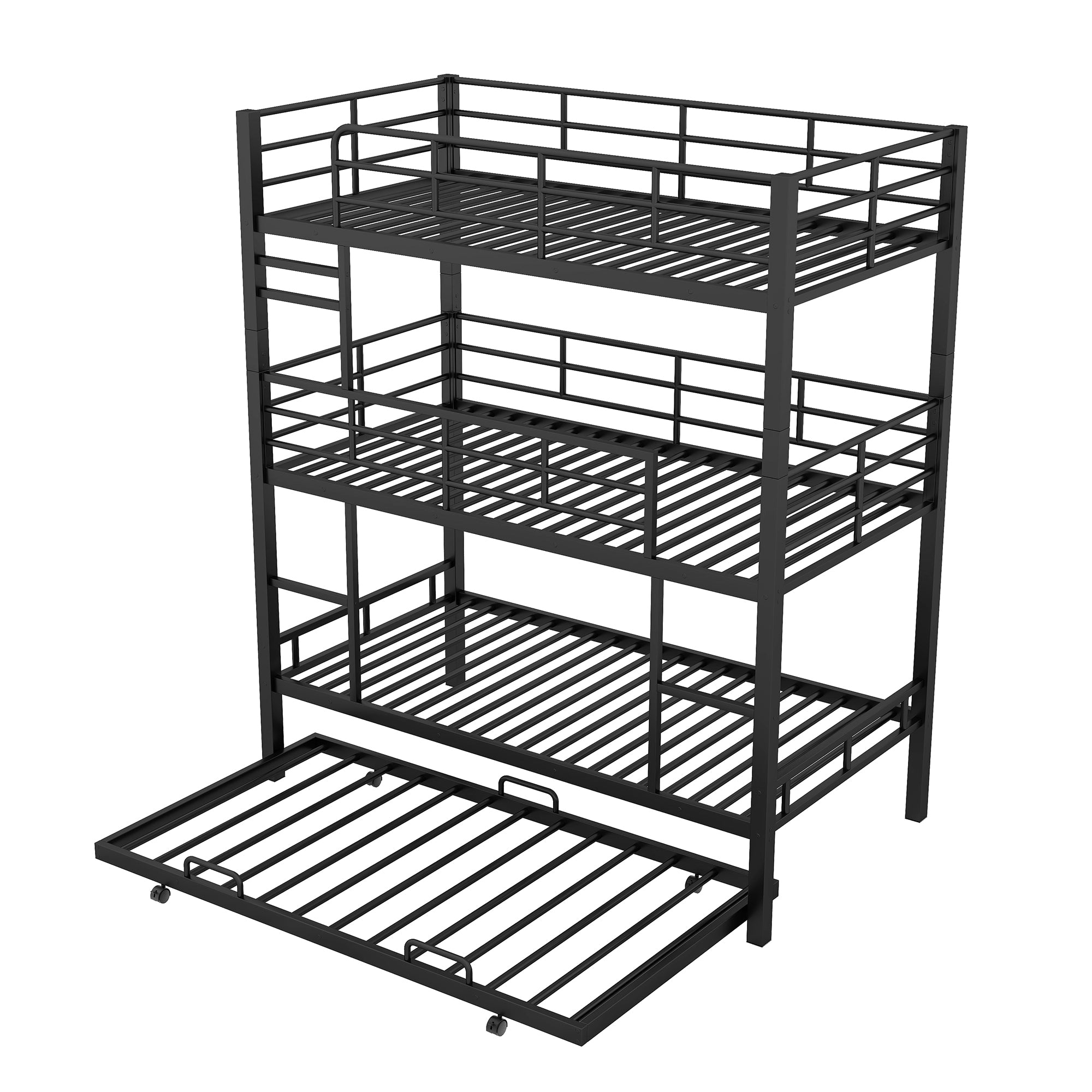 Isolated perspective view of the black triple bunk bed and trundle