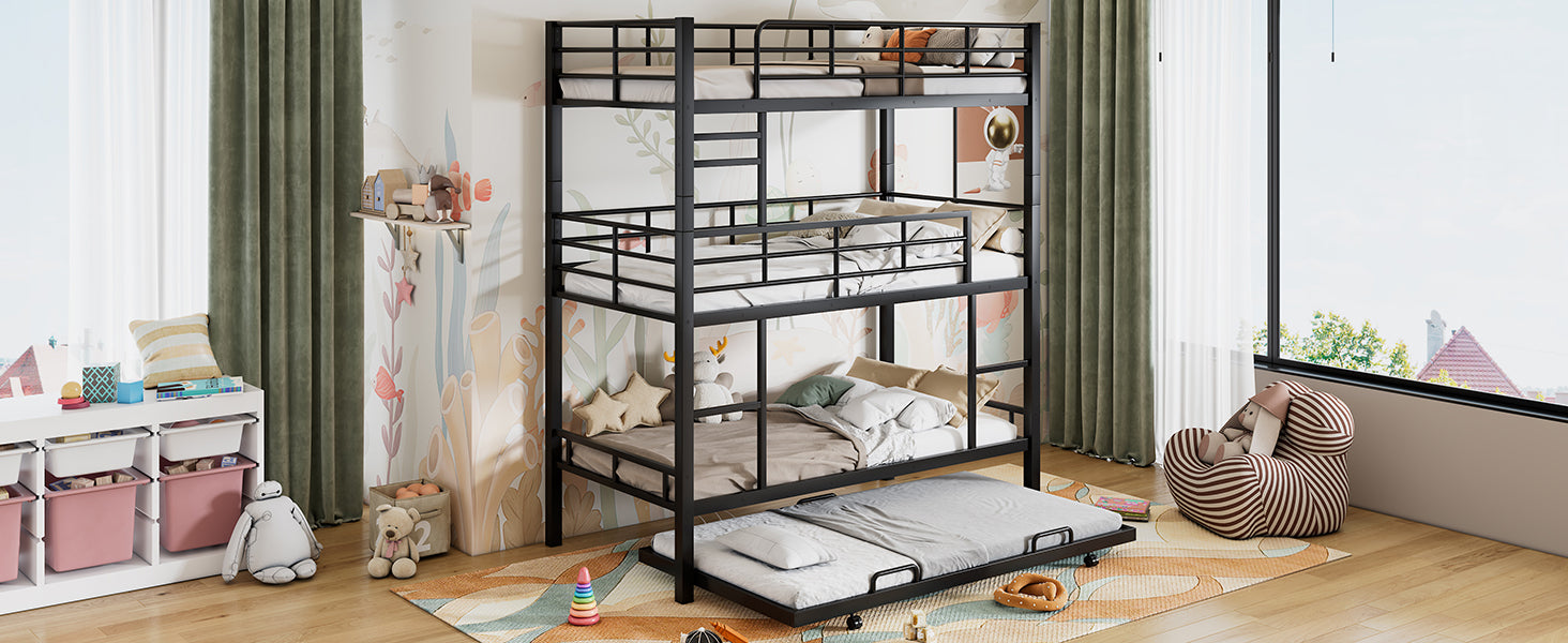 Wide room view of the black metal triple bunk bed