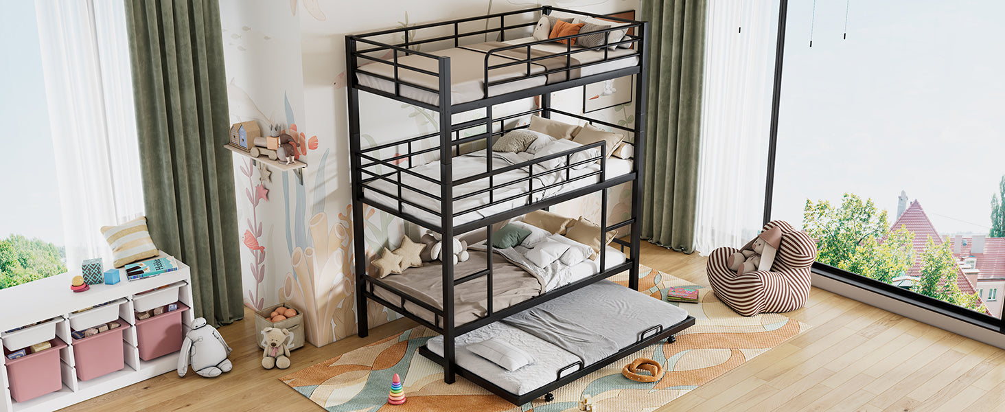 Side angle of the metal triple bunk bed with lower trundle