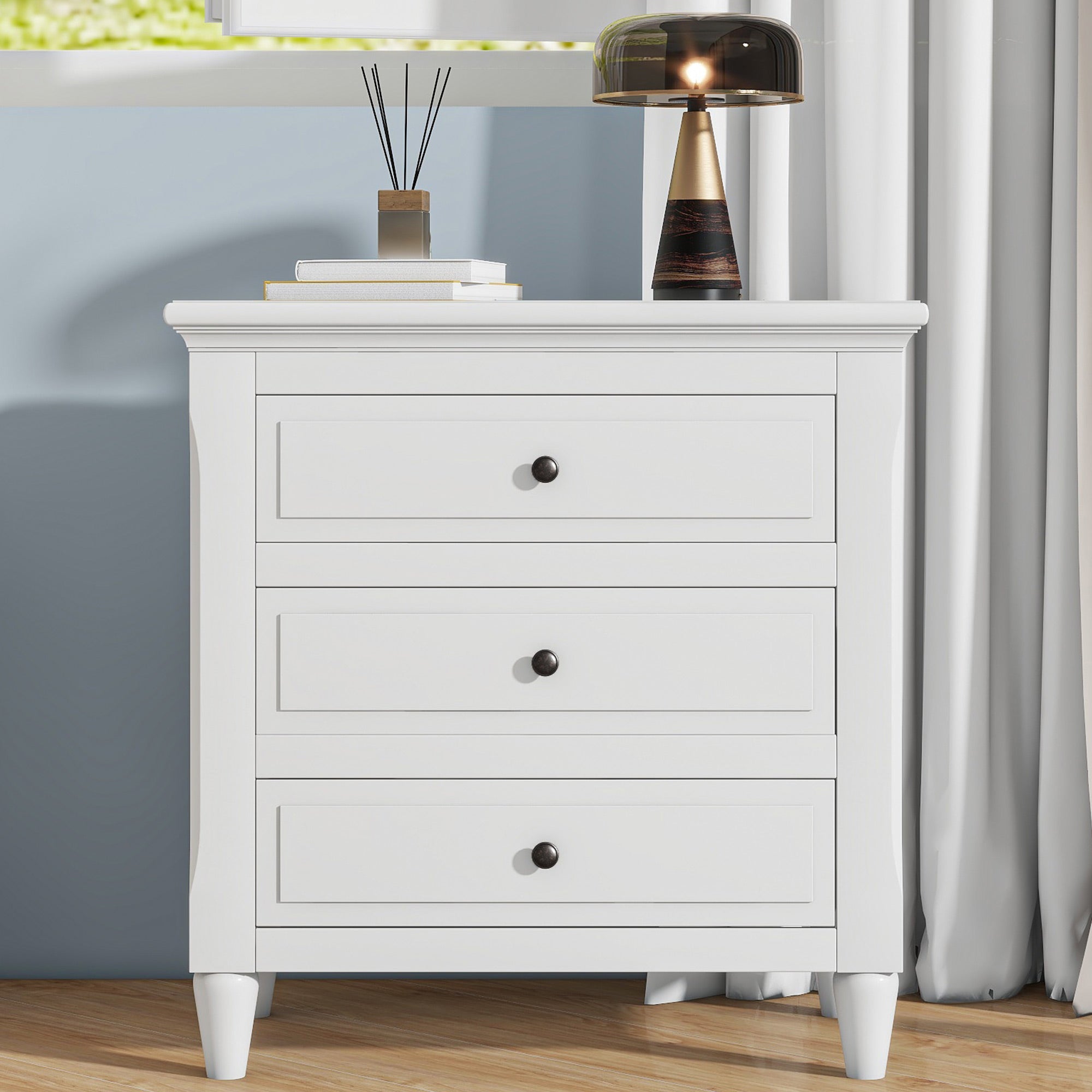 28 inch minimalist 3-drawer nightstand with painted finish and metal handles, front view