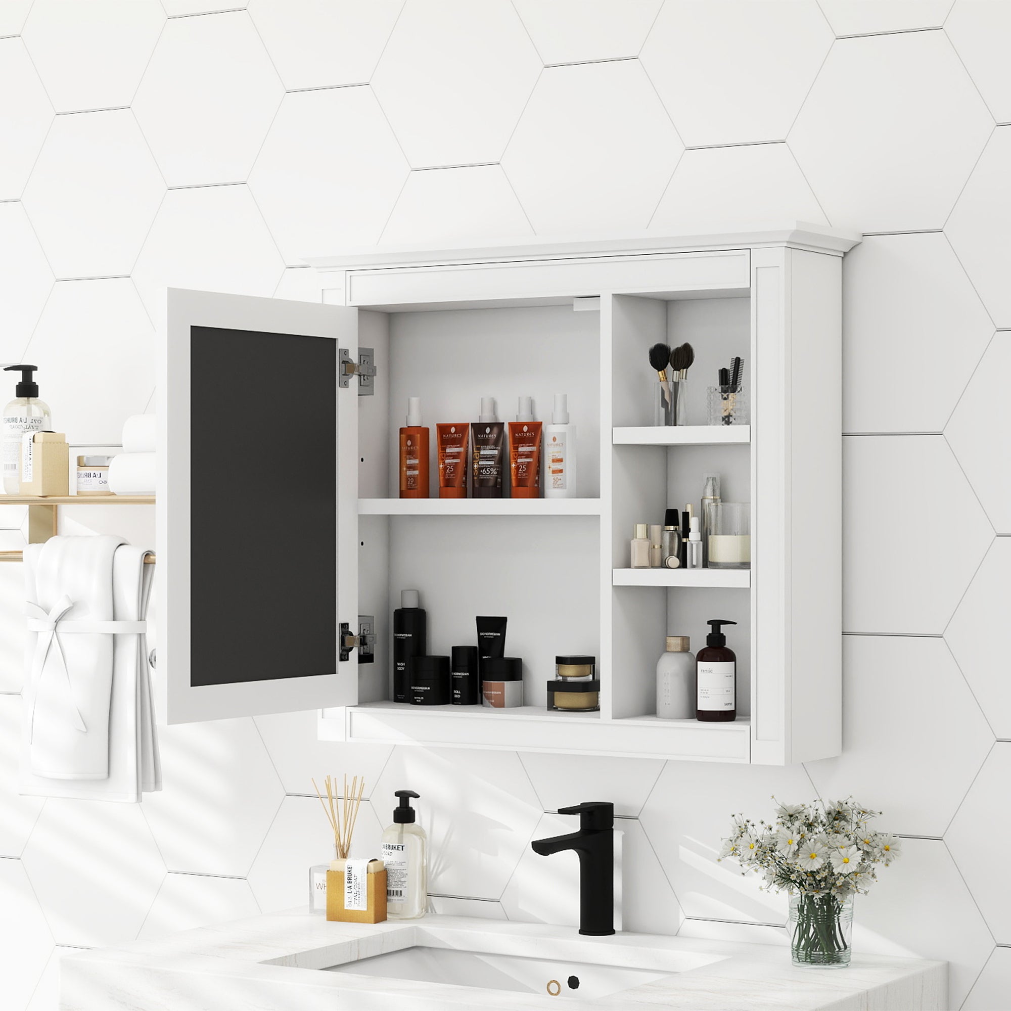 Modern mirror cabinet 30 x 28 inch open shelves detail