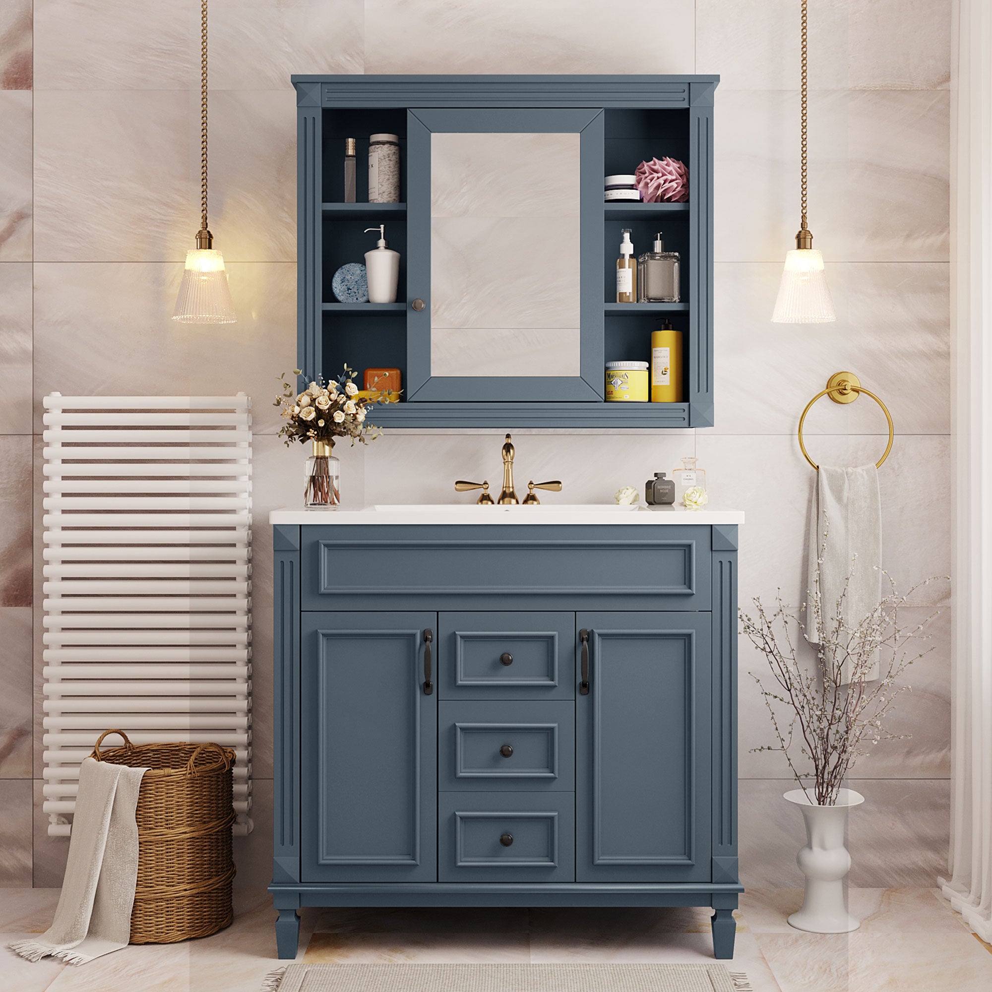 36-inch royal blue vanity showing two soft-closing doors, detail view
