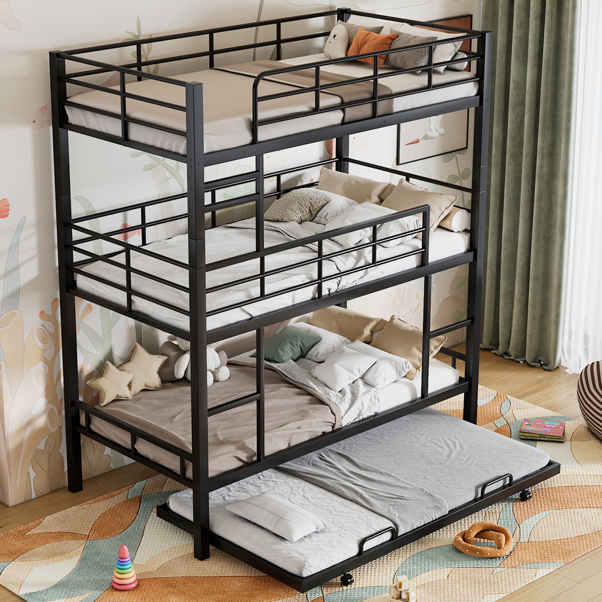 Angled view of the metal twin triple bunk bed and pull-out trundle