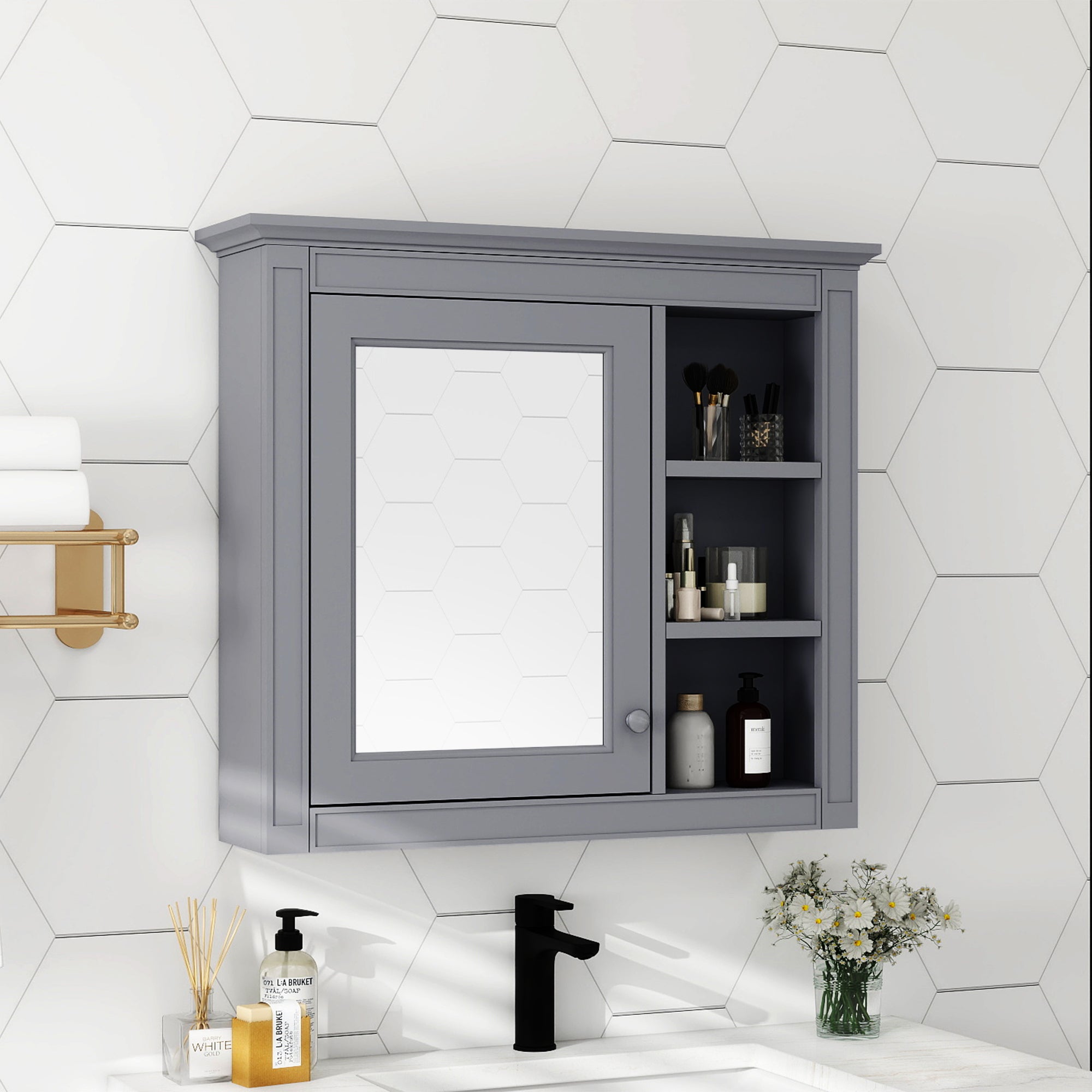 Wall mounted bathroom medicine cabinet mirror, angled view