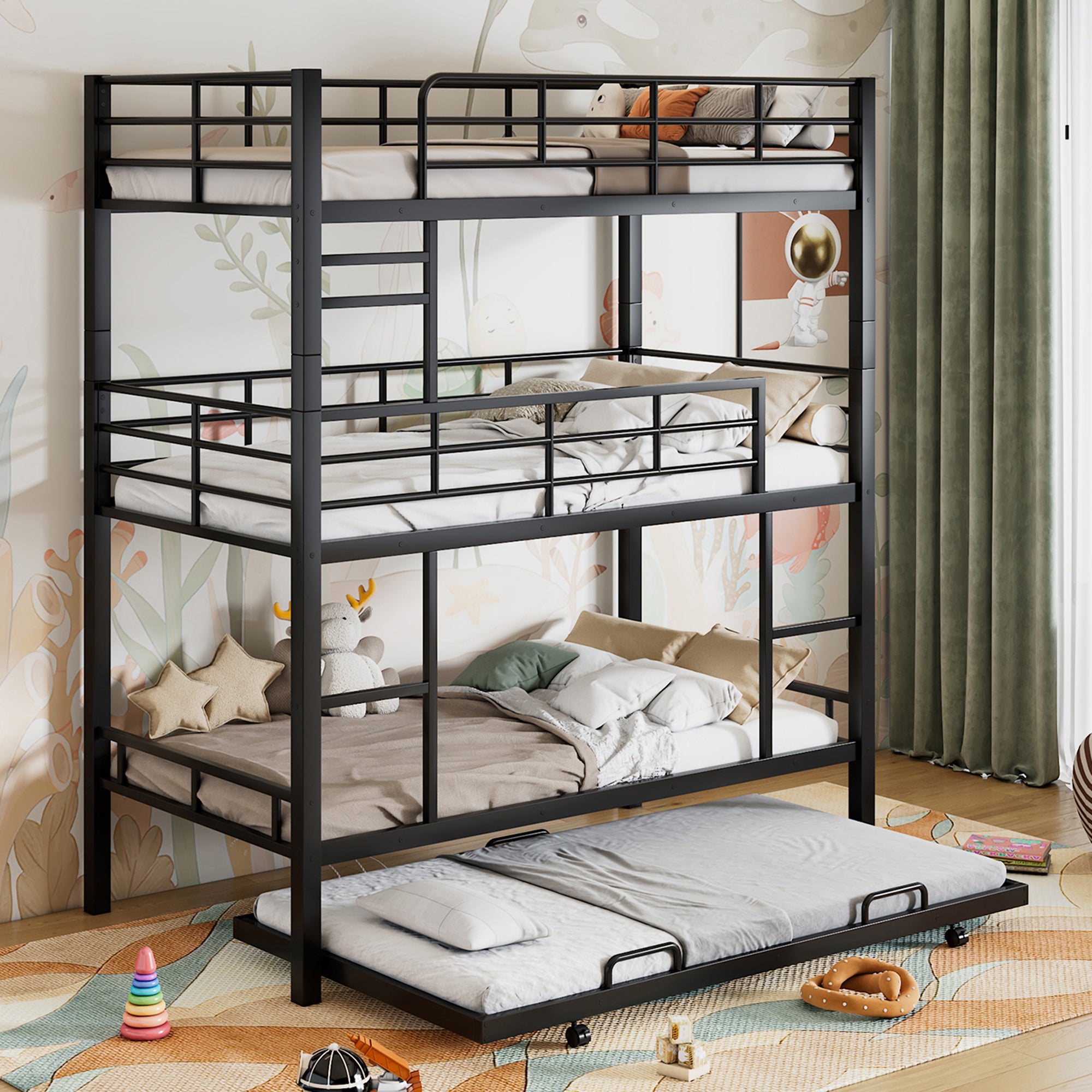 Antique black metal twin triple bunk bed with trundle in a styled bedroom