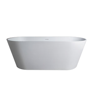 65 inch freestanding soaking bathtub, white solid surface, side profile view
