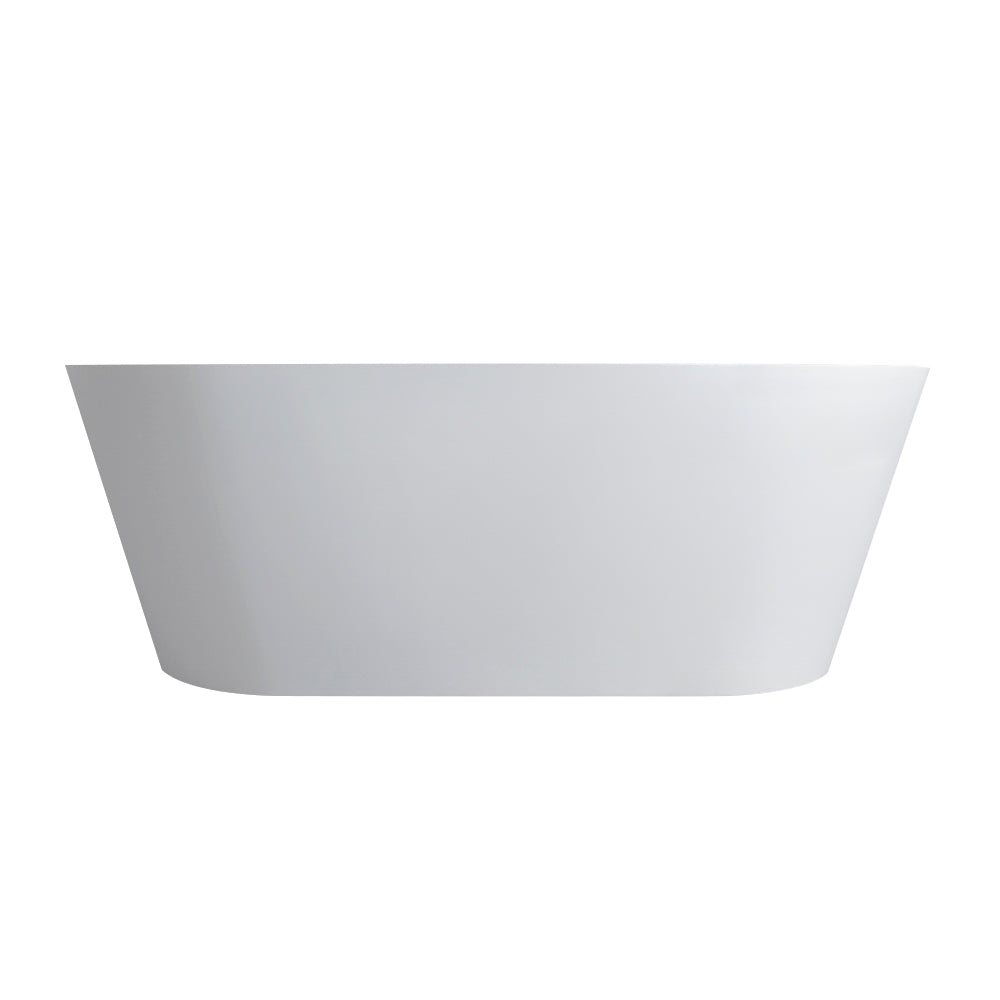 Freestanding solid surface bathtub, white finish, drain detail view