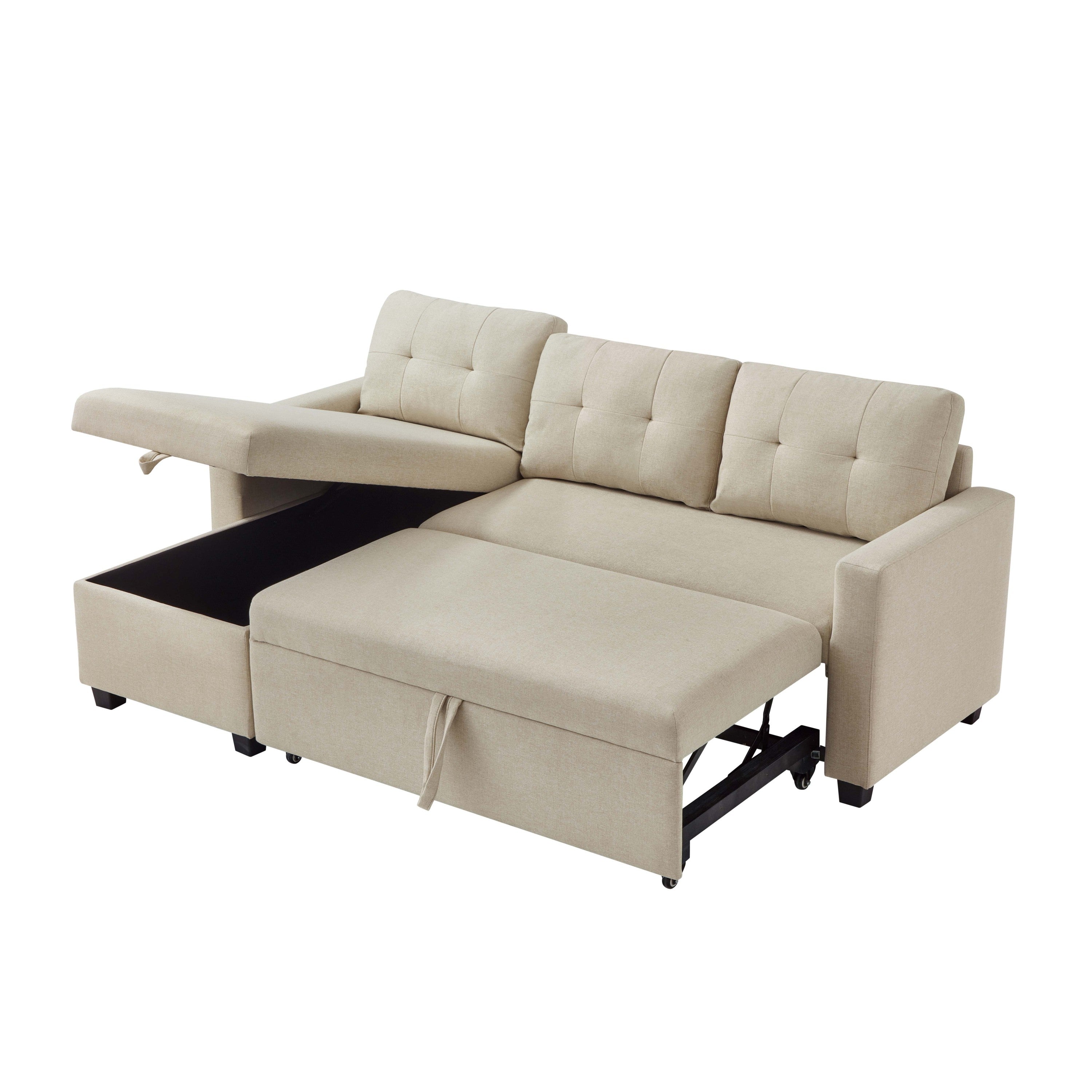 Upholstered Pull Out Sectional Sofa with Storage Chaise, Convertible Corner Couch, Beige