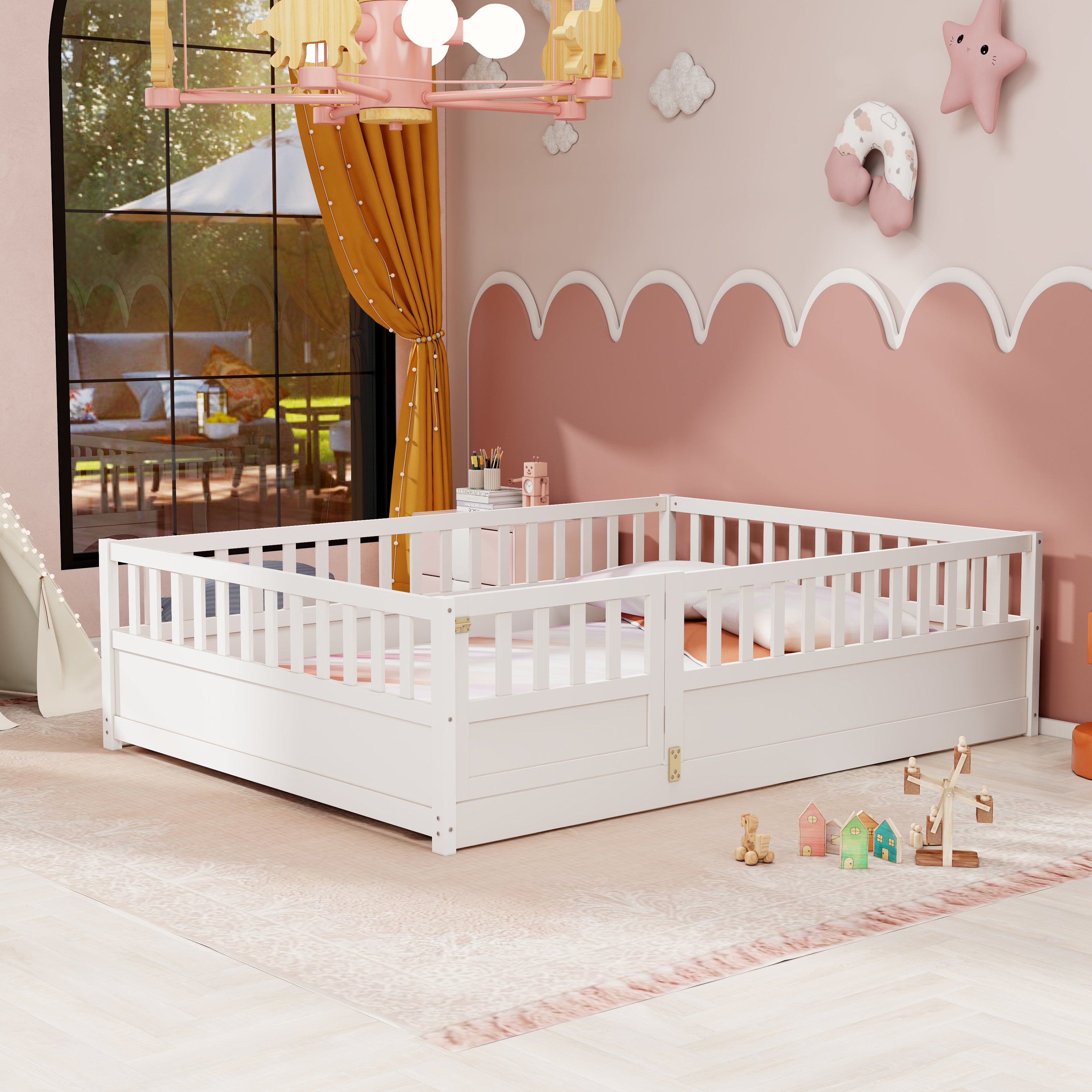 Full size  Floor bed, integral construction with super high security barrier, door, children's floor bed frame, Montessori wooden children's floor bed, white