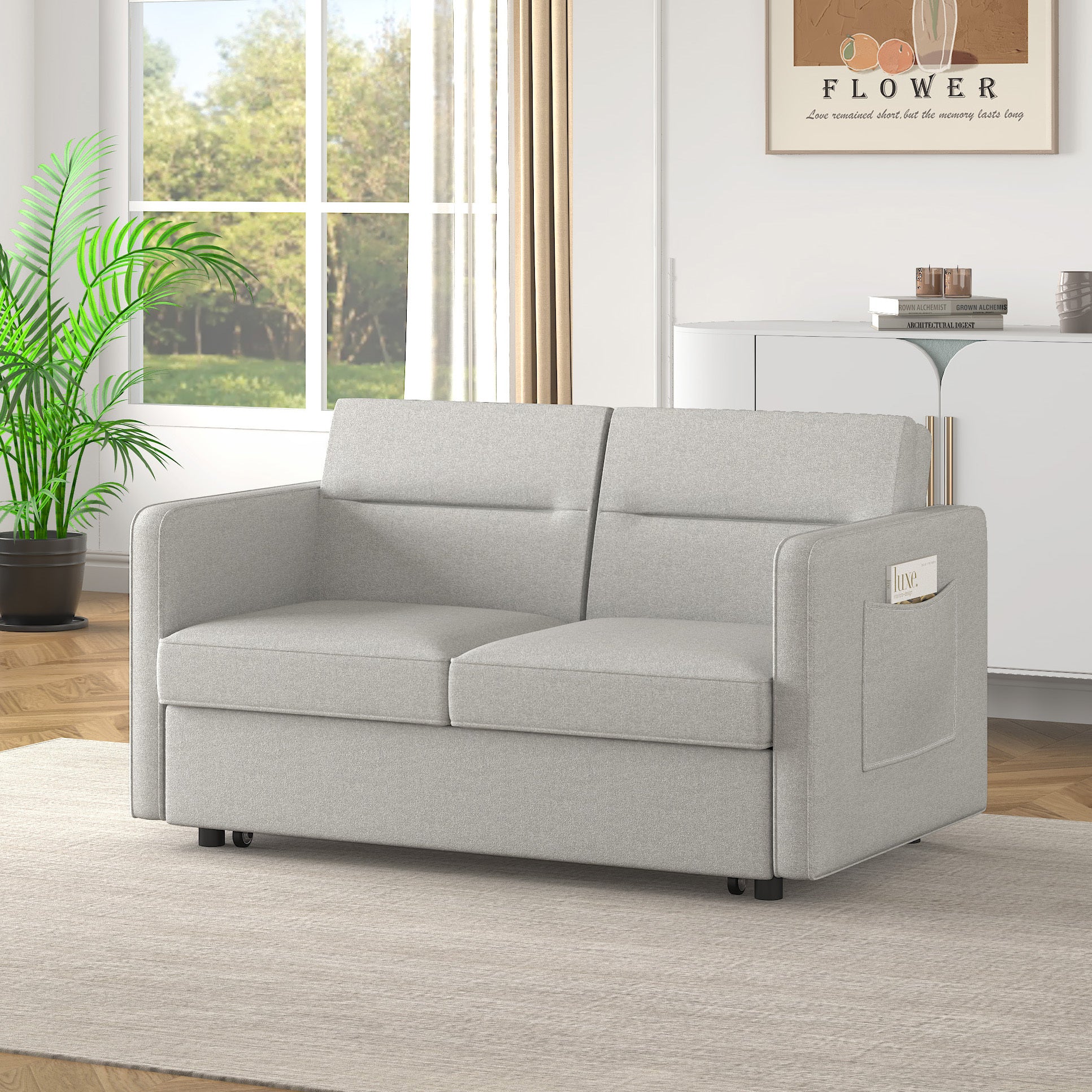 Loveseats Sofa Bed with Pull-out Bed,Adjsutable Back and Two Arm Pocket-Light grey(54.5"x33"x31.5")