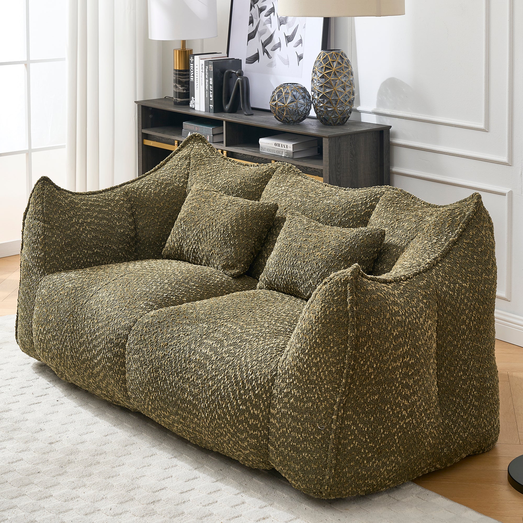 Two-person square beanbag recliner sofa with foam core, front view
