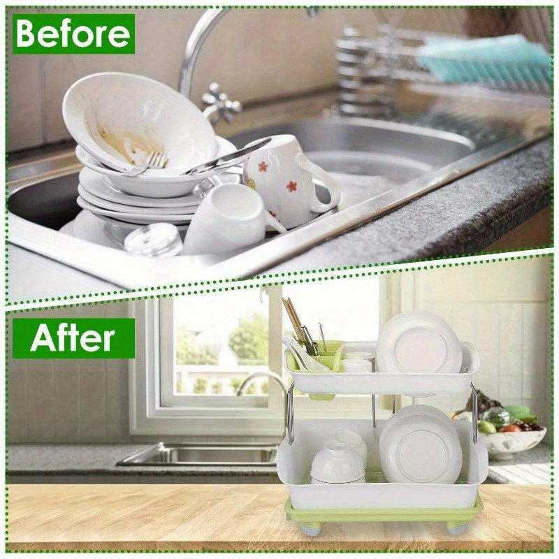 2-Tier Kitchen Cutlery Rack Plate Cup Drying Draining Tray Cutlery Rack Storage