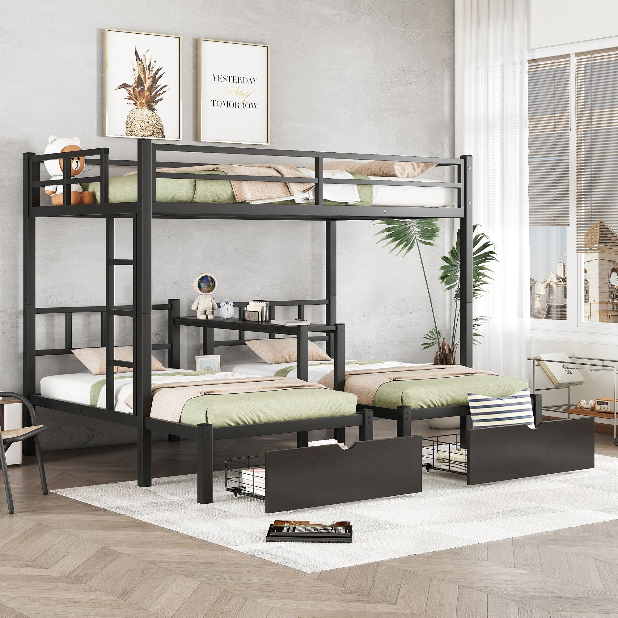 FULL XL Over Twin & Twin Triple Bunk Bed with Drawers, Multi-functional Metal Frame Bed with desks and shelves in the middle, Black