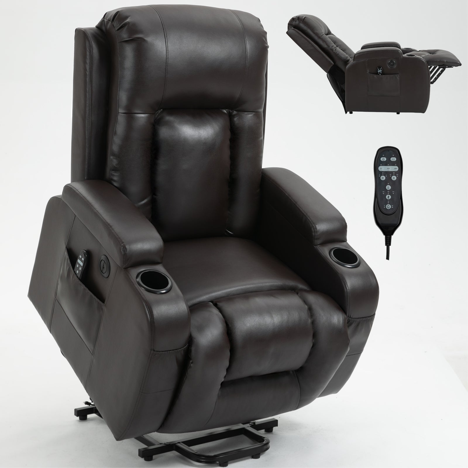 Infinite Position Up to 350 LBS Power Lift Recliner Chair for Elderly, Heavy Duty Motion Mechanism with 8-Point Vibration Massage and Lumbar Heating, USB Charging Port, Cup Holders, Brown