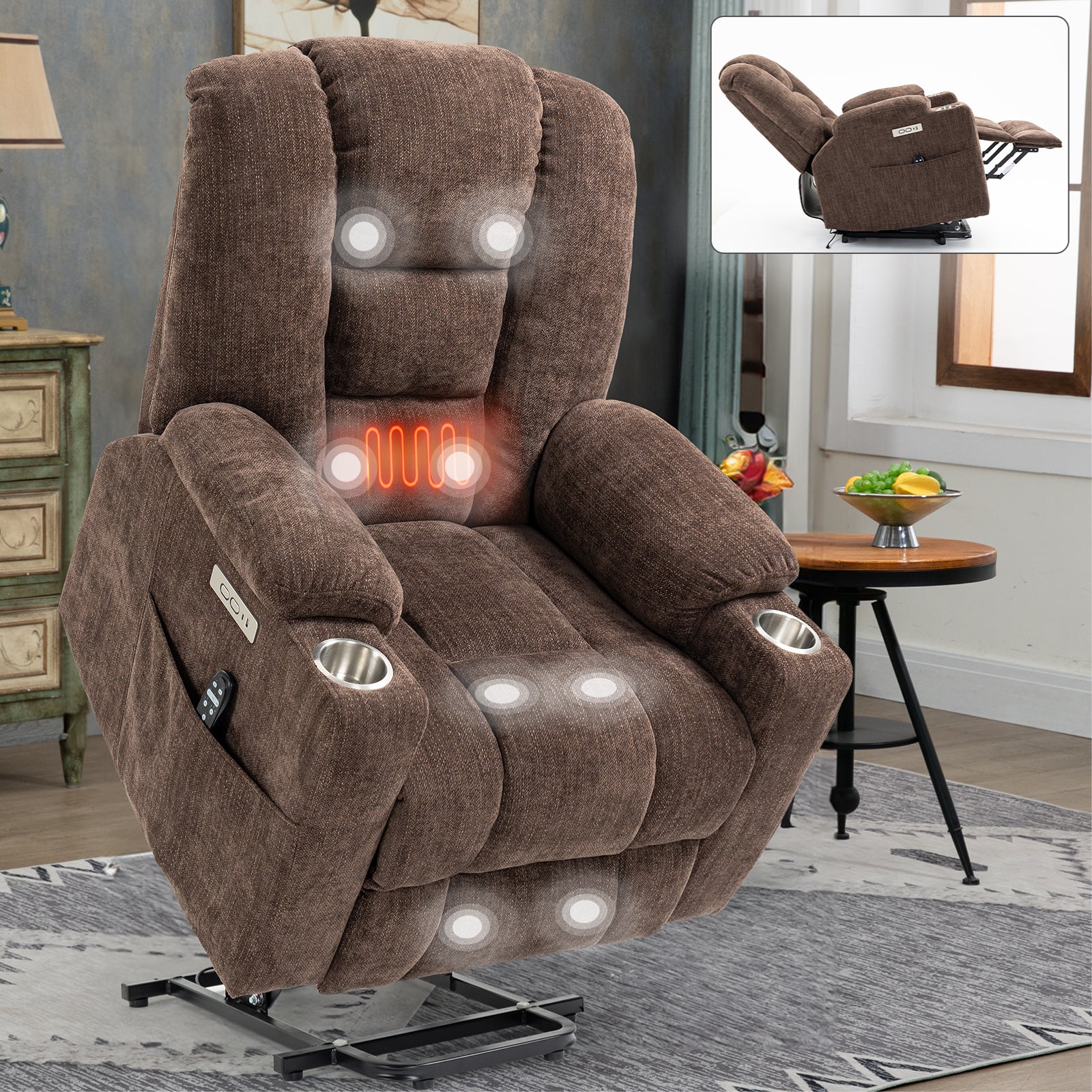 EMON'S Large Power Lift Recliner Chair with Massage and Heat for Elderly, Overstuffed Wide Recliners, Heavy Duty Motion Mechanism with USB and Type C Ports, 2 Steel Cup Holders, Brown