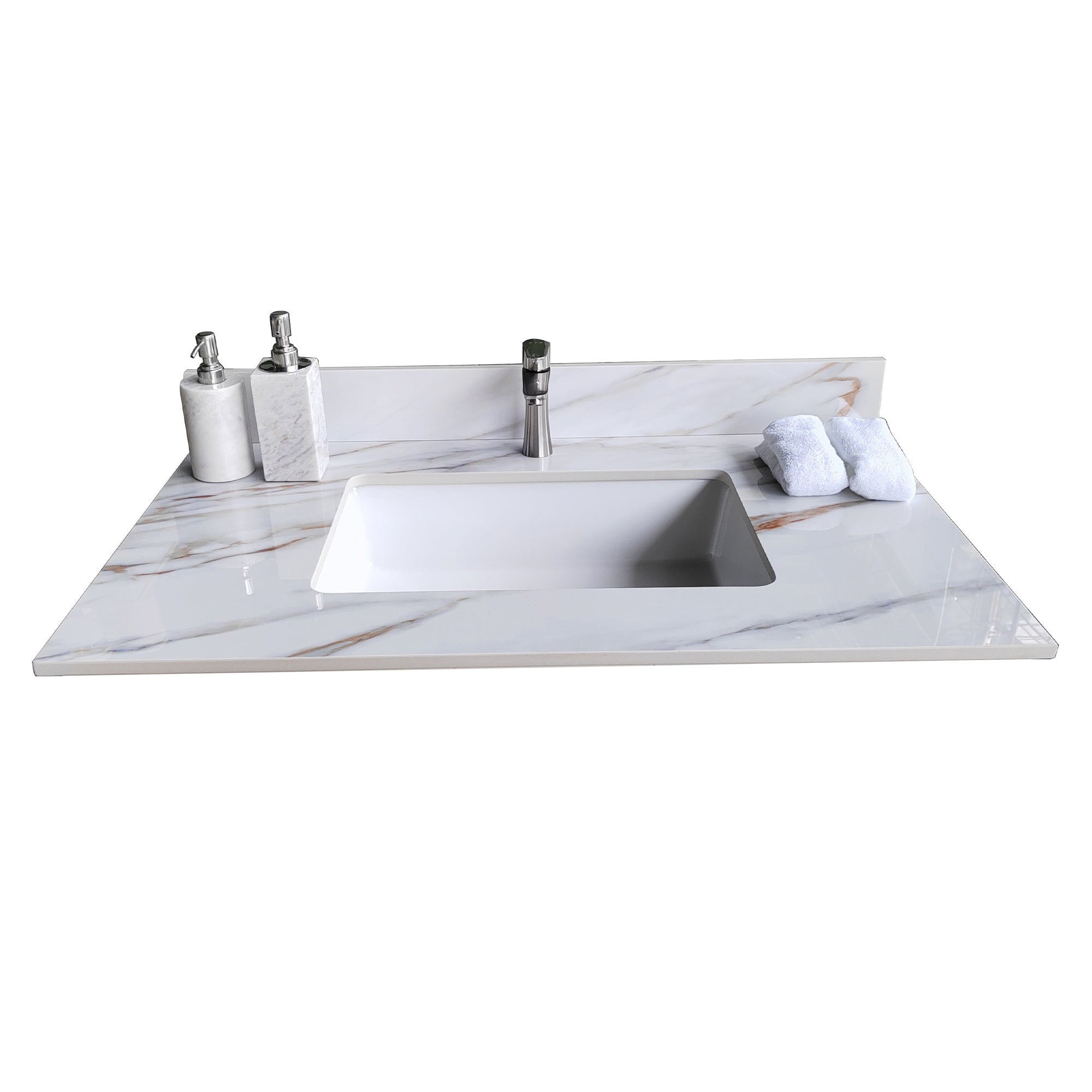 37 Inch Marble Vanity Top, Bathroom Vanity Top with Undermount Rectangular Middle Sink and 4" Height Backsplash, Pre-Drilled  Faucet Hole  Vanity Top, Carrara white with veins