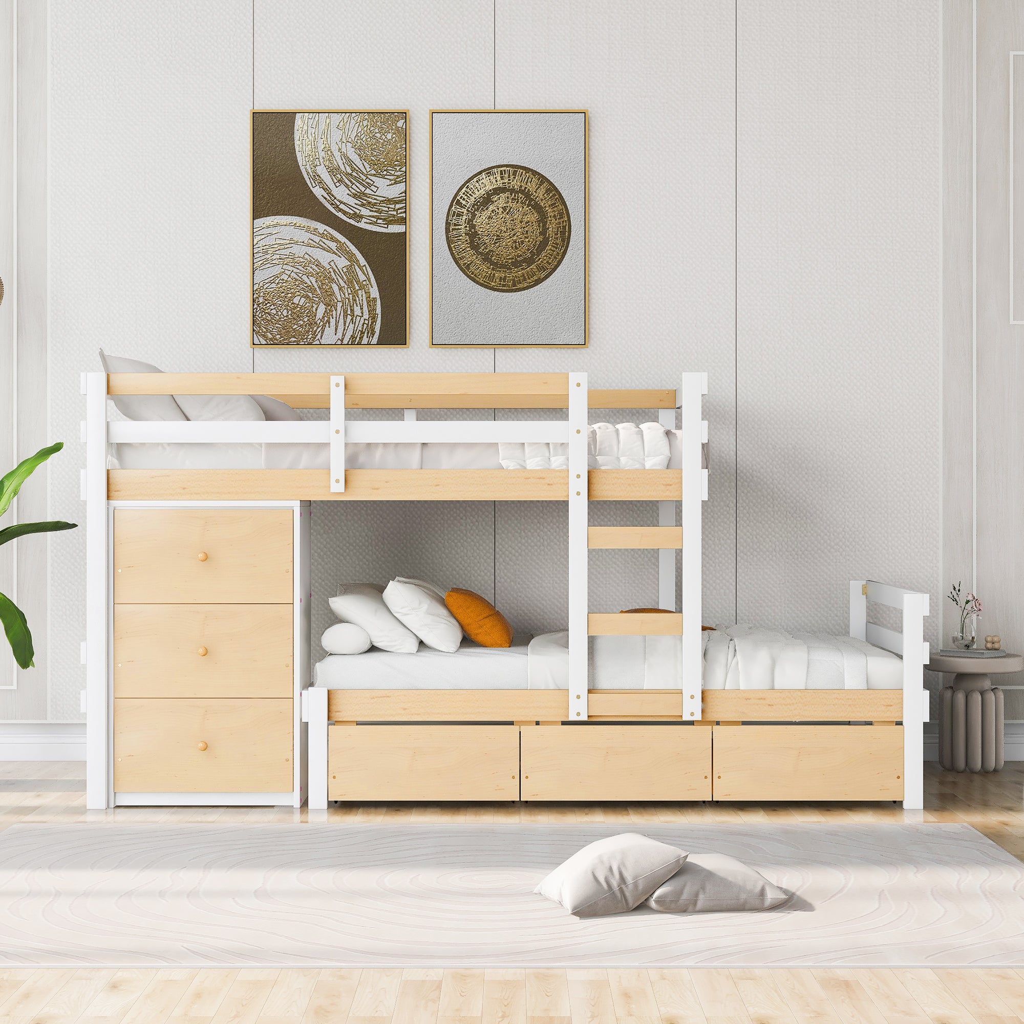 Twin over Twin Loft Bunk Bed with Drawers and Ladder, Natural