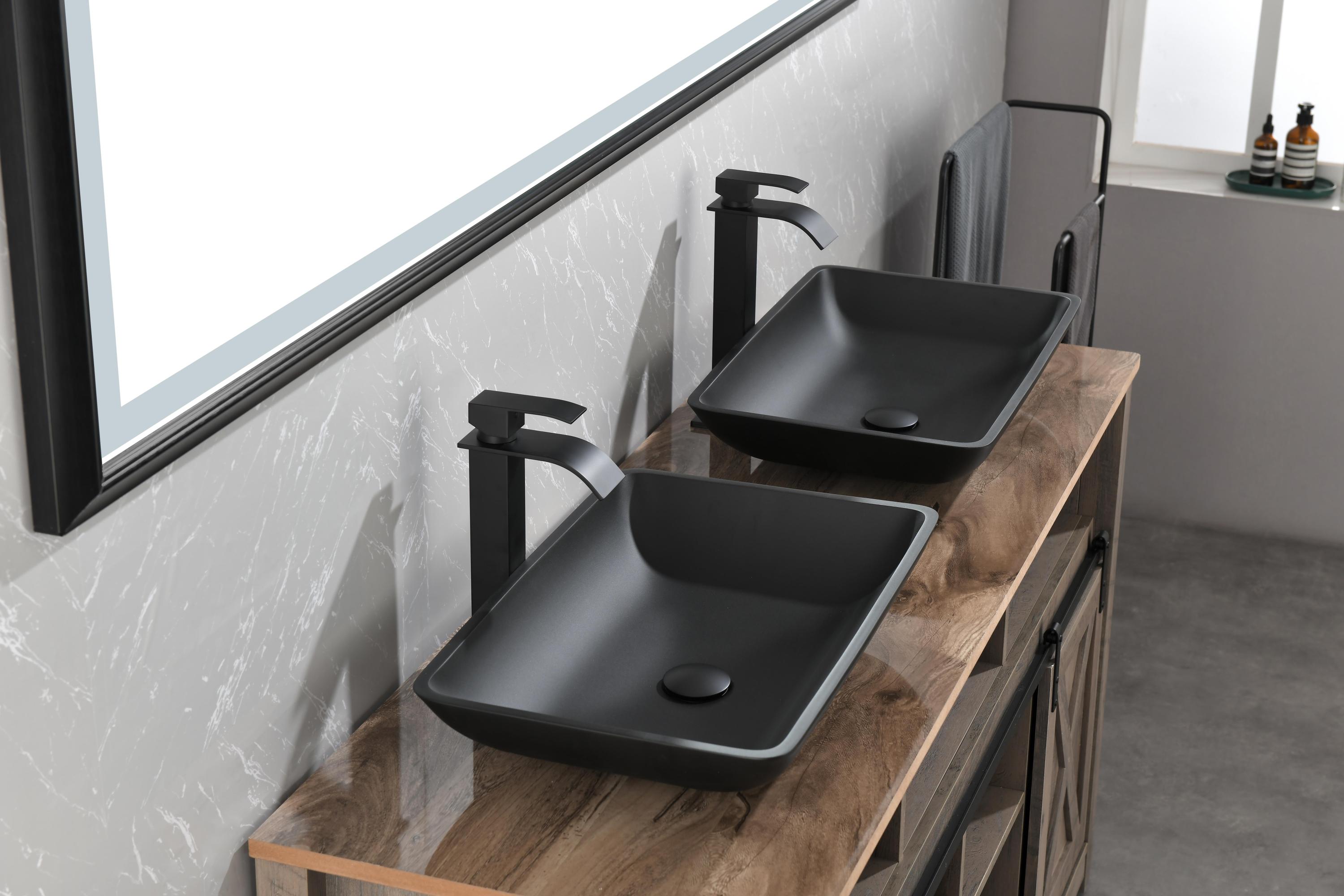 14.38" L -22.25" W -4-3/8 in. H Matte Shell  Glass Rectangular Vessel Bathroom Sink in Black with  Faucet and Pop-Up Drain in Matte Black