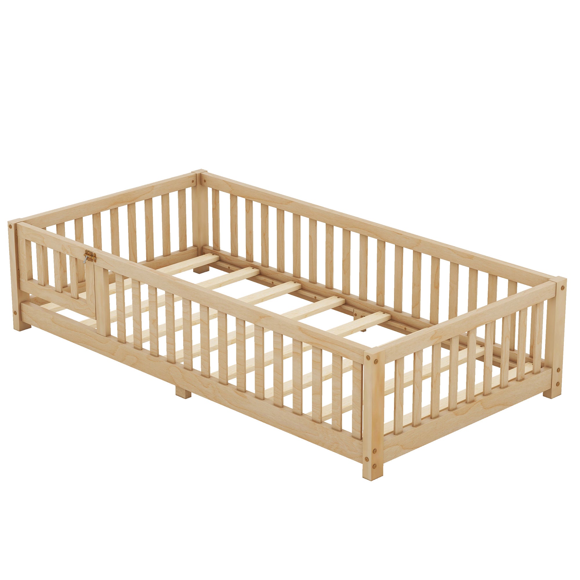 Twin Size Bed Floor Bed with Safety Guardrails and Door for Kids, Natural(Old SKU: W158090686)