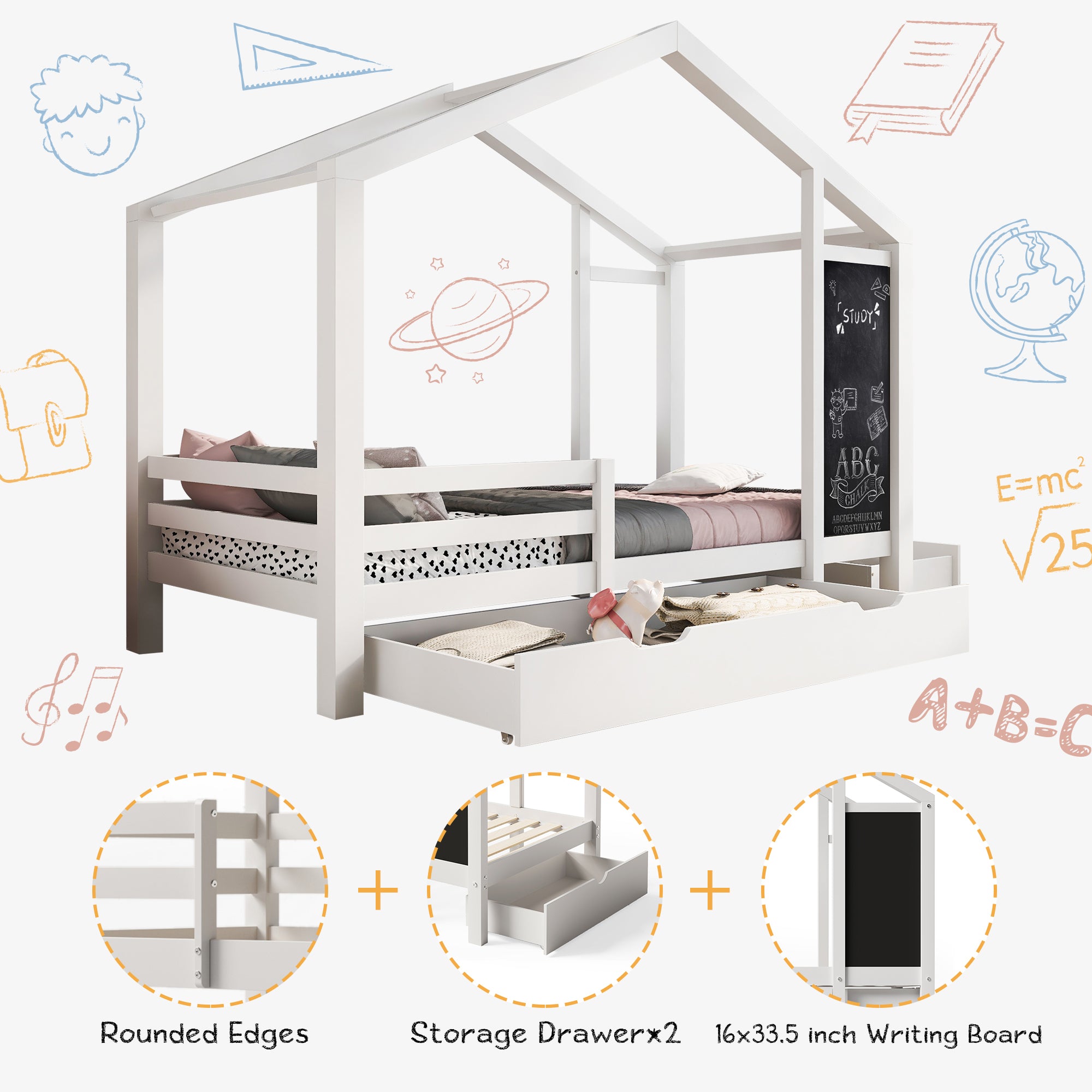 Full House Bed with Blackboard and Drawers, Two assembly options, White