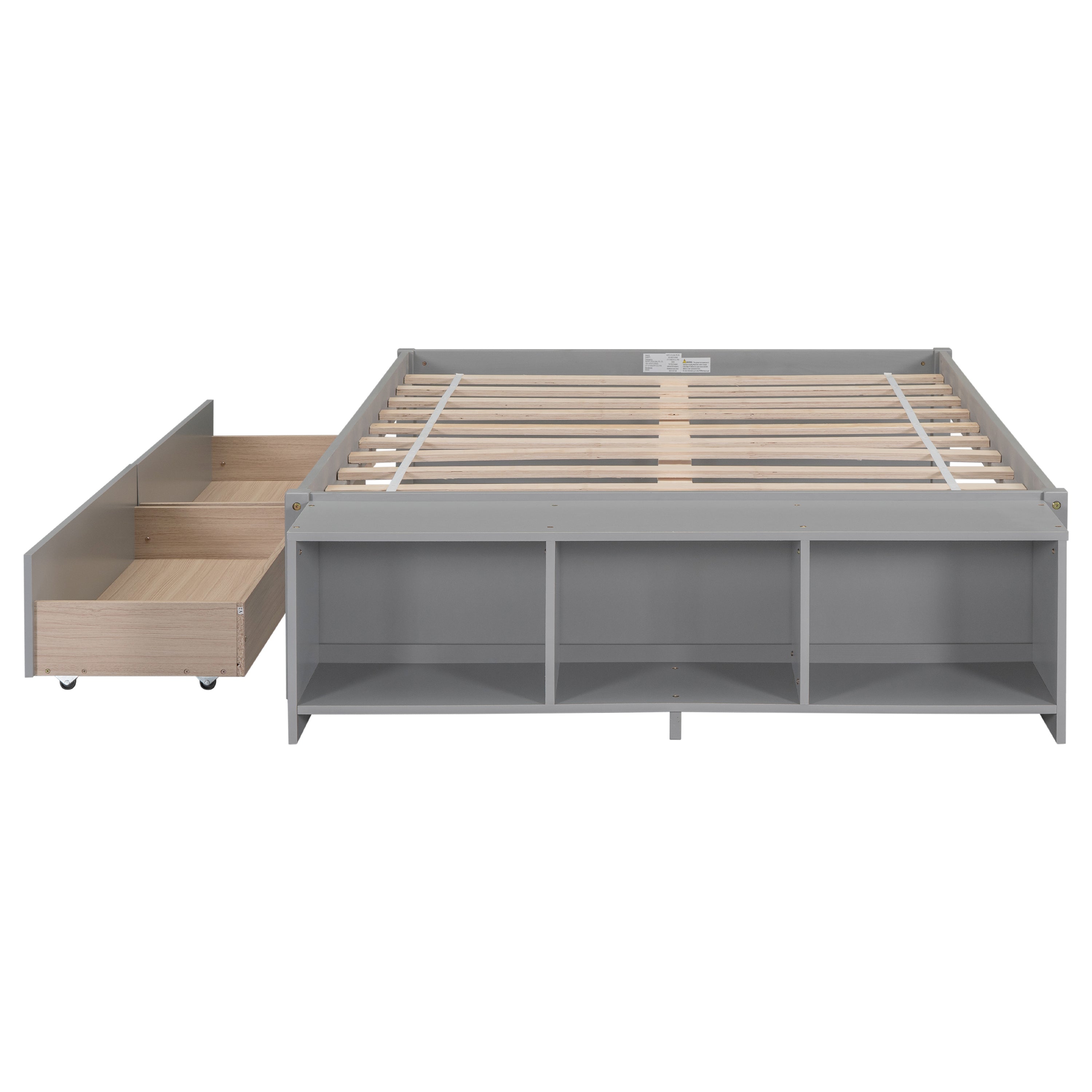 Full Size Bed with Storage Case, 2 Storage drawers, Lengthwise Support Slat,Grey