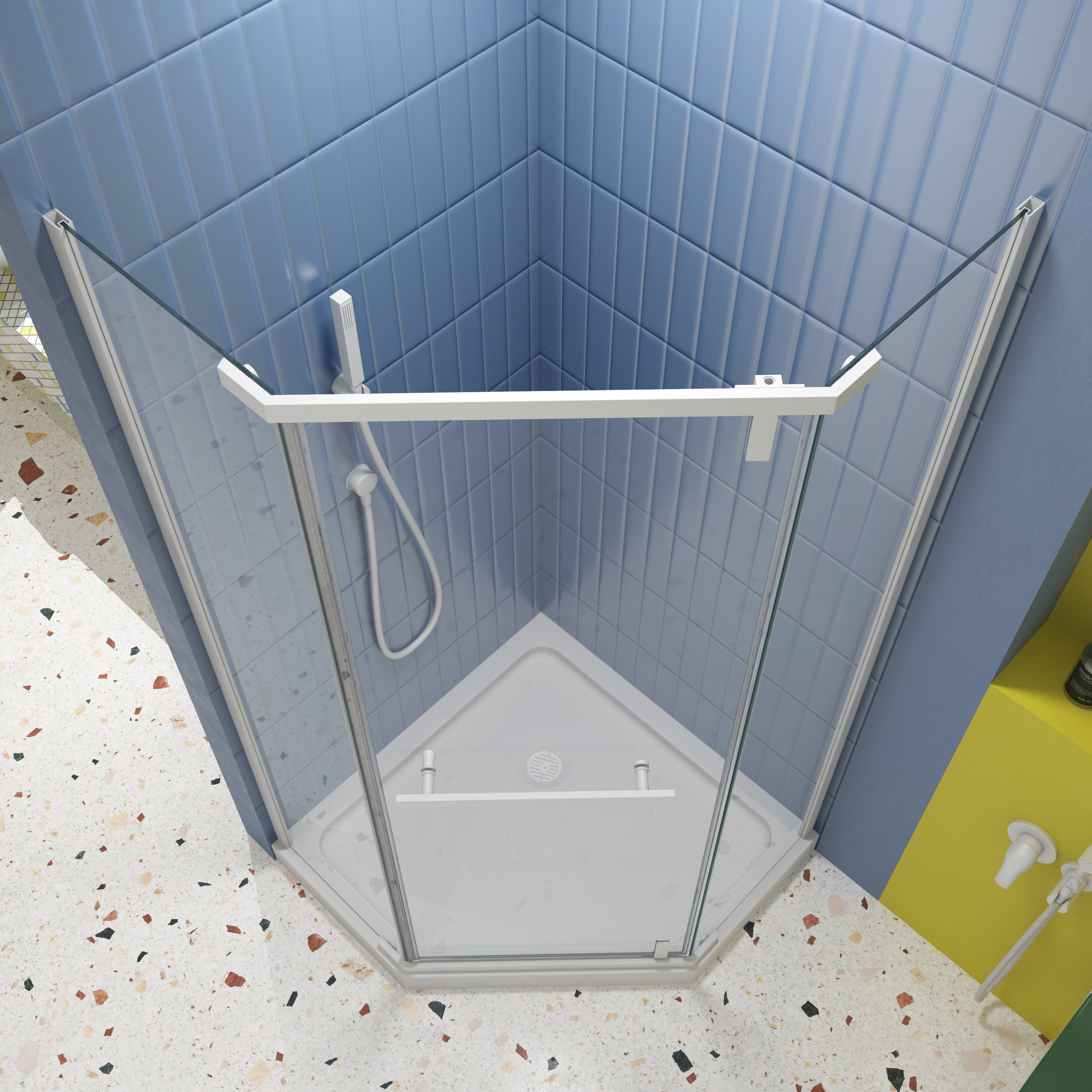 34.75 x 72 in neo-angle pivot shower enclosure matte white side view