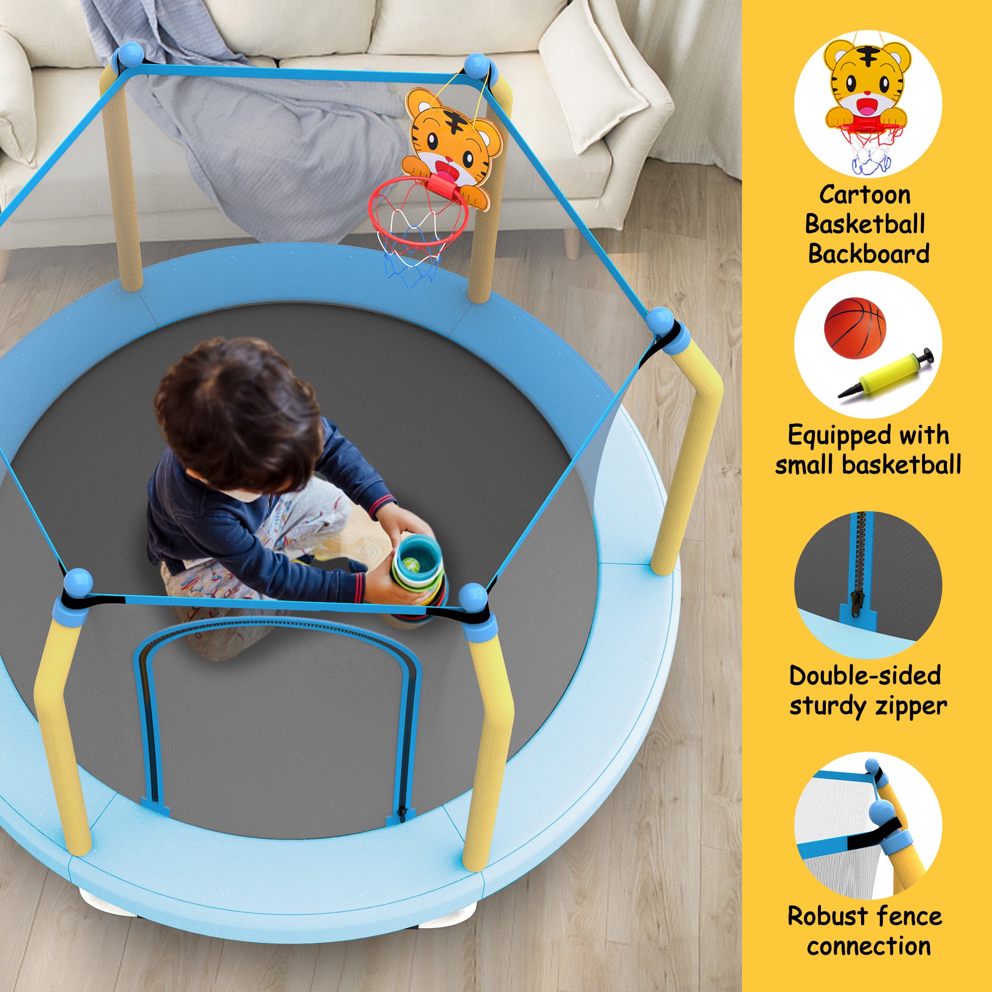 55-inch Trampoline for Kids Indoor & Outdoor Small Toddler Trampoline with Basketball Hoop