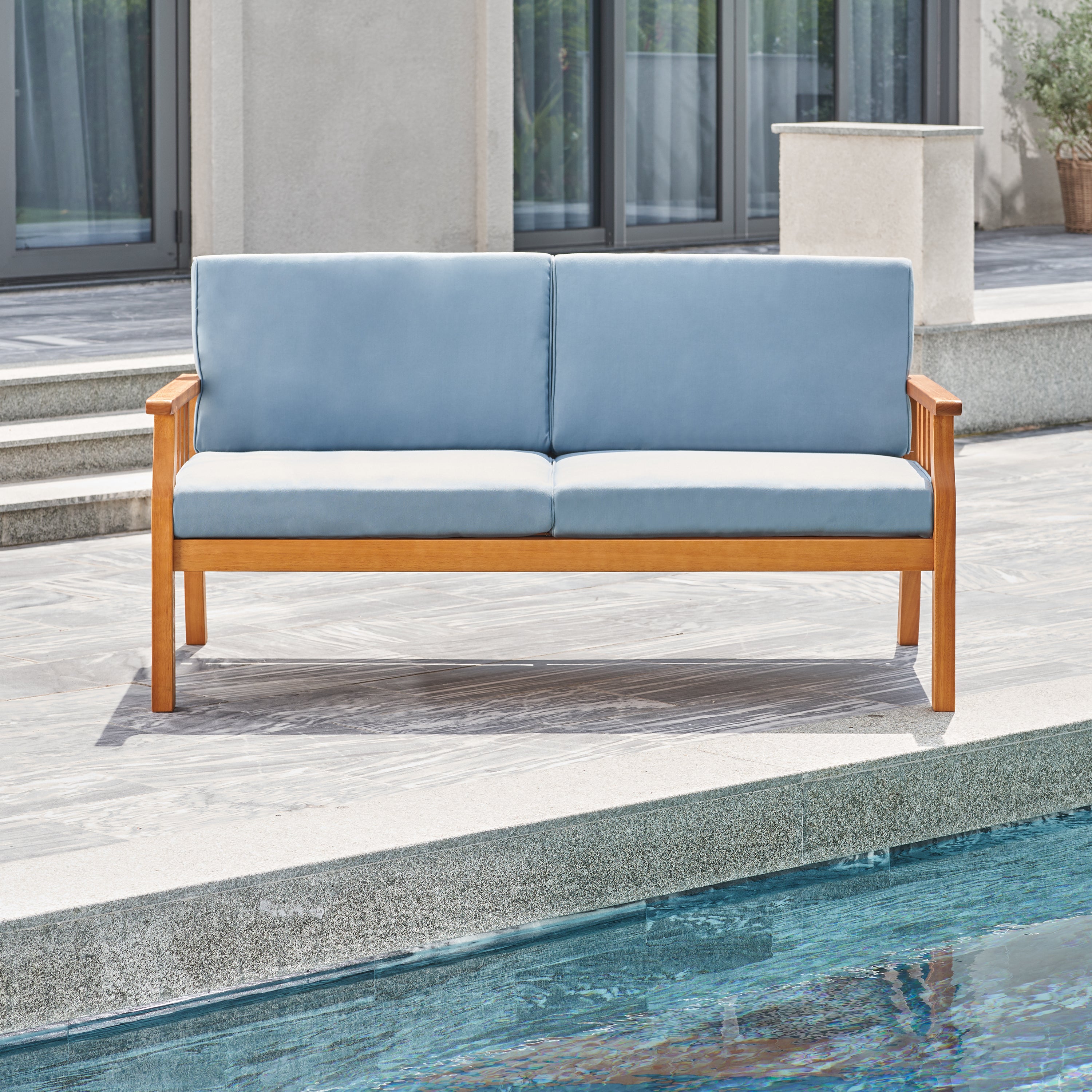 Kapalua Honey Nautical Eucalyptus Wooden Outdoor Sofa Bench with Cushion