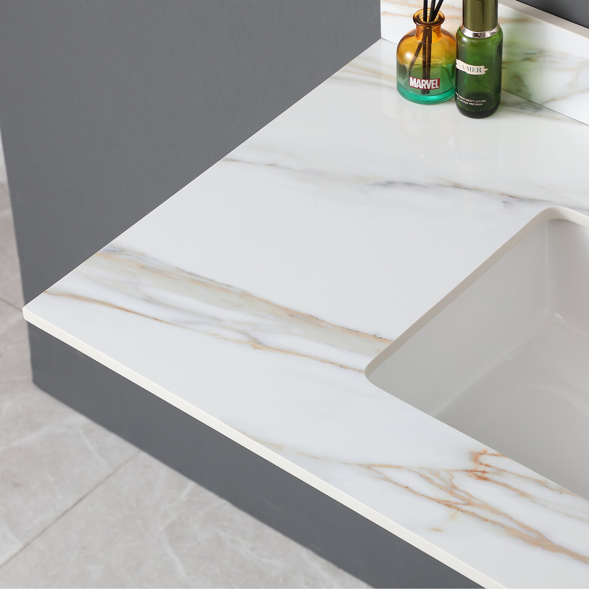 43 Inch Marble Vanity Top, Bathroom Vanity Top with Undermount Rectangular Middle Sink and 4" Height Backsplash, Pre-Drilled 8 Inch Faucet Hole Spread Vanity Top, Carrara white with veins