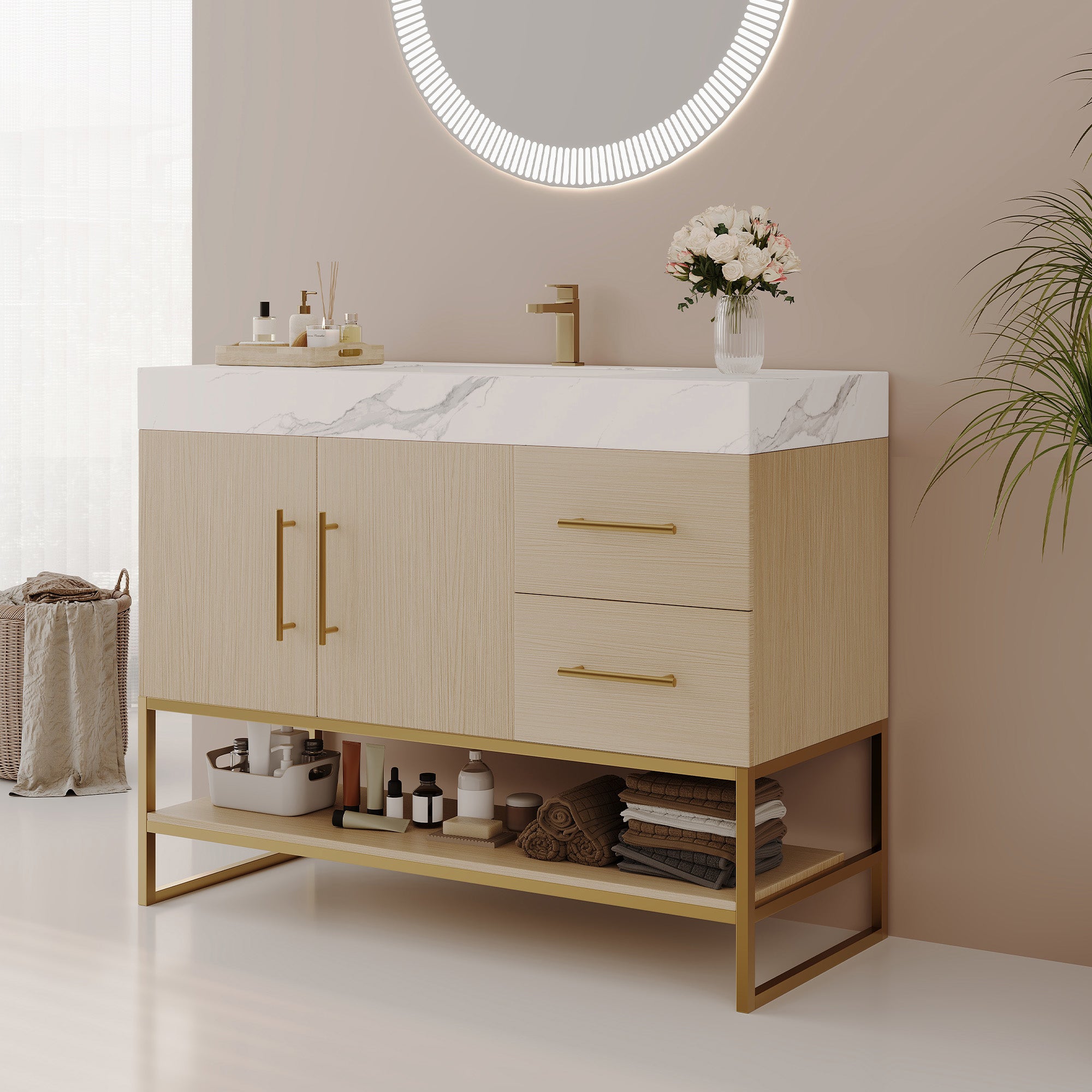 Modern freestanding bathroom vanity with ceramic sink, detail of stone top edge