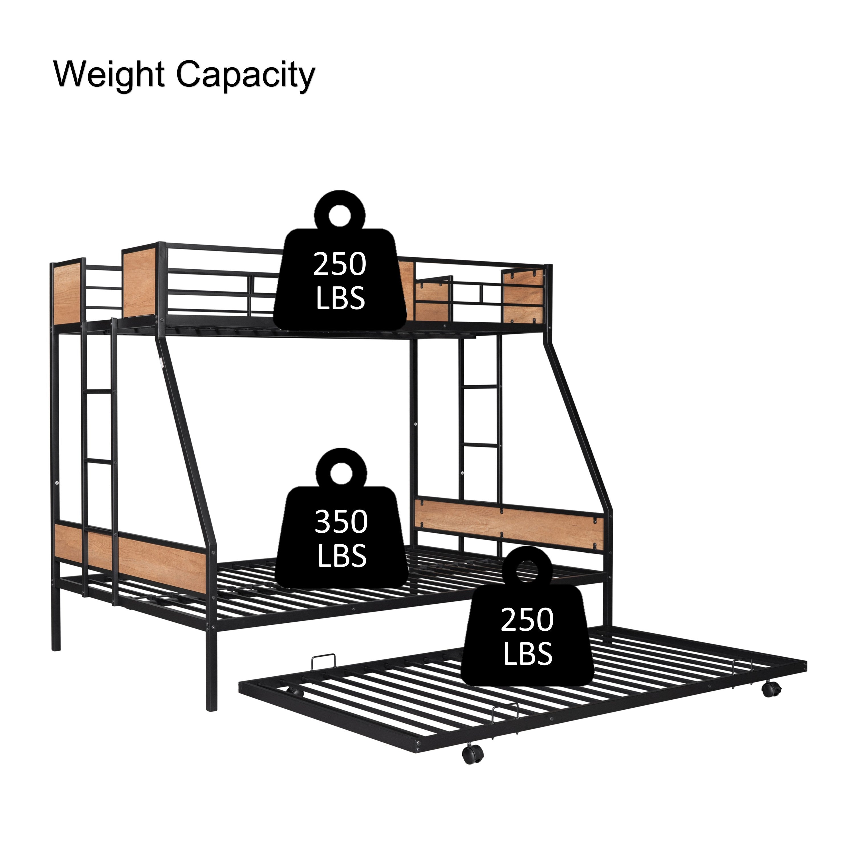 Metal Twin over Full Bunk Bed with Trundle/ Heavy-duty Sturdy Metal/ Noise Reduced/ Safety Guardrail/ Wooden Decoration/ Convenient Trundle / Bunk Bed for Three/ CPC Certified/ No Box Spring Needed