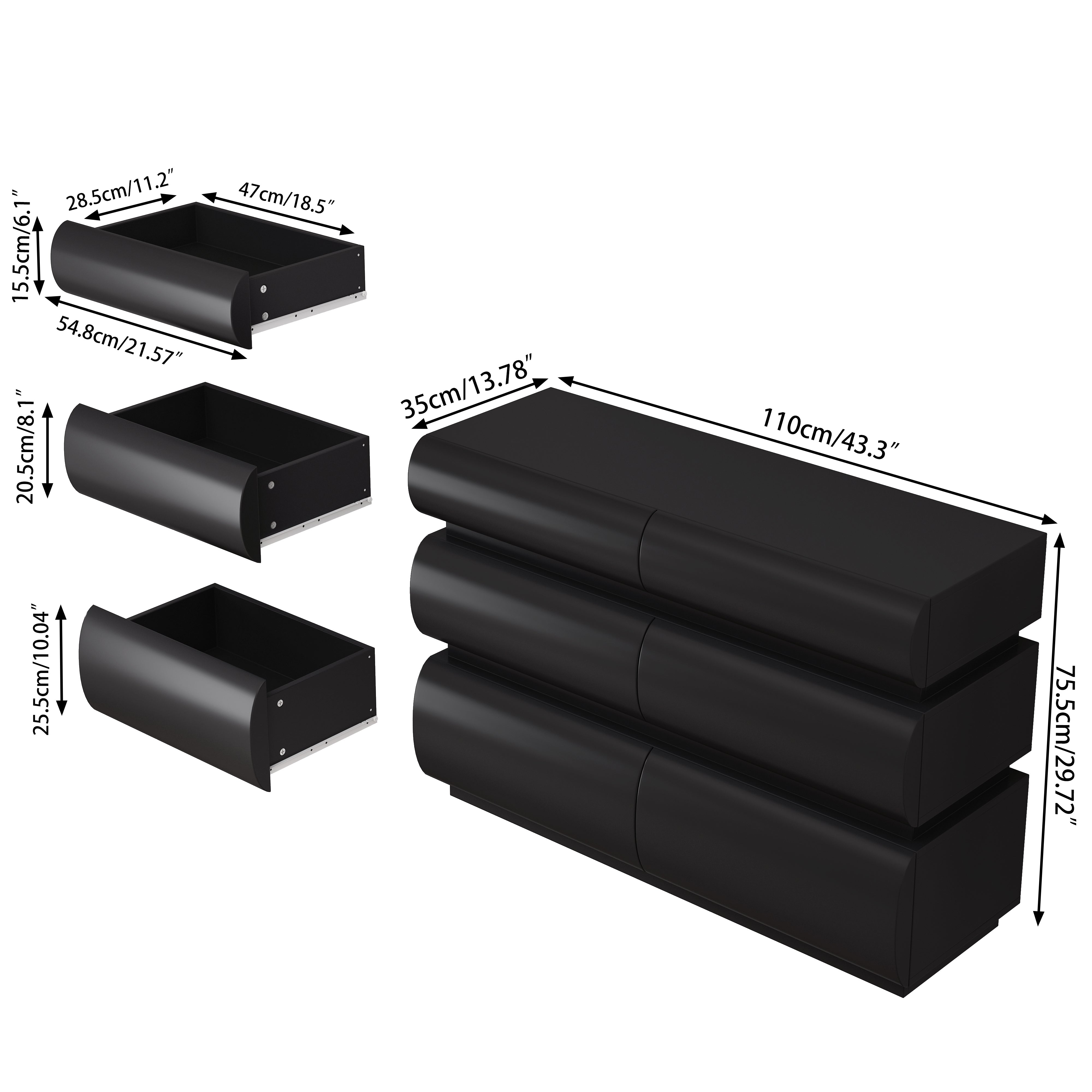 Modern black handle-free 6-drawer dresser, side profile view