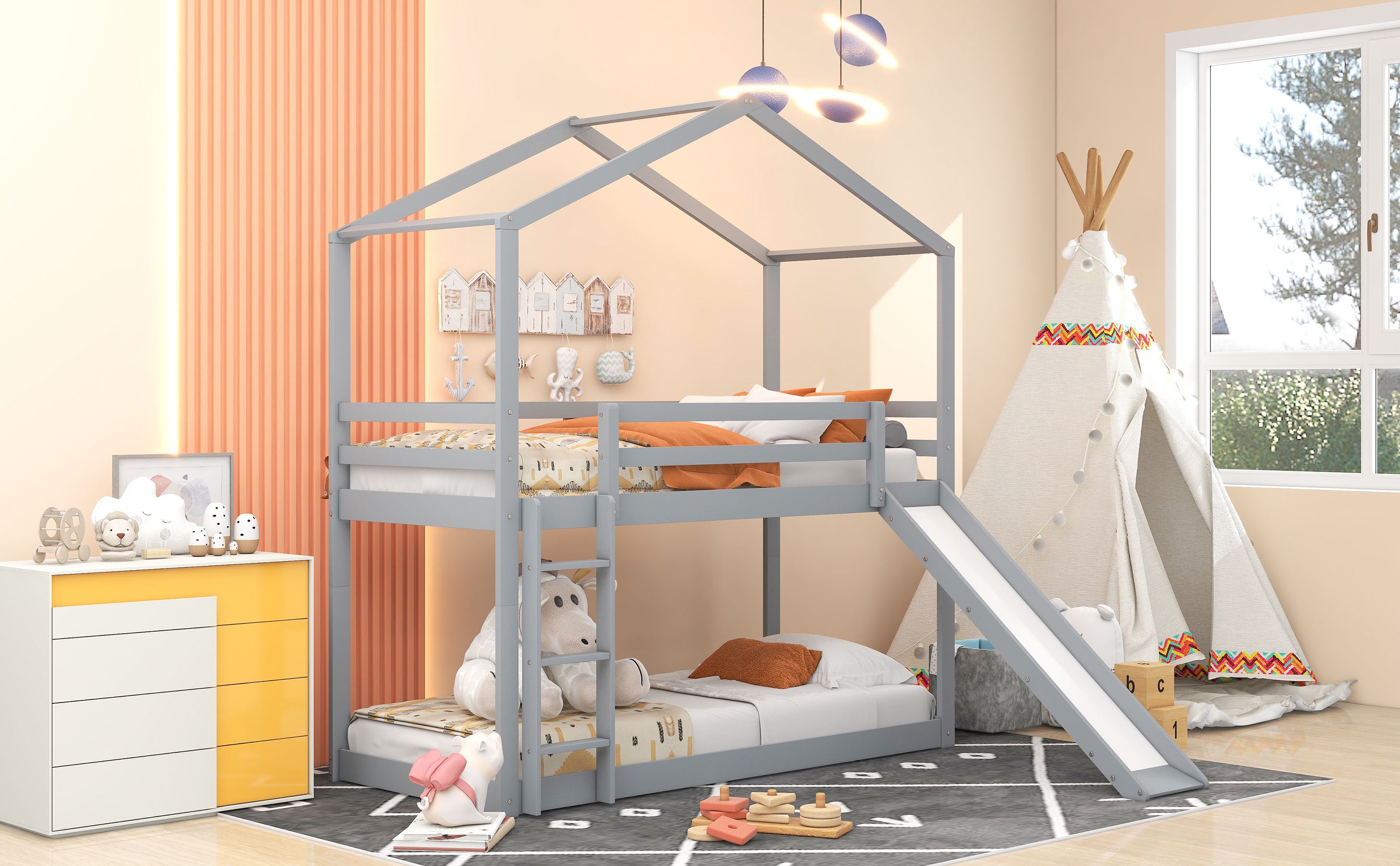 Twin Over Twin Bunk Bed with Roof, Slide and Ladder, Gray