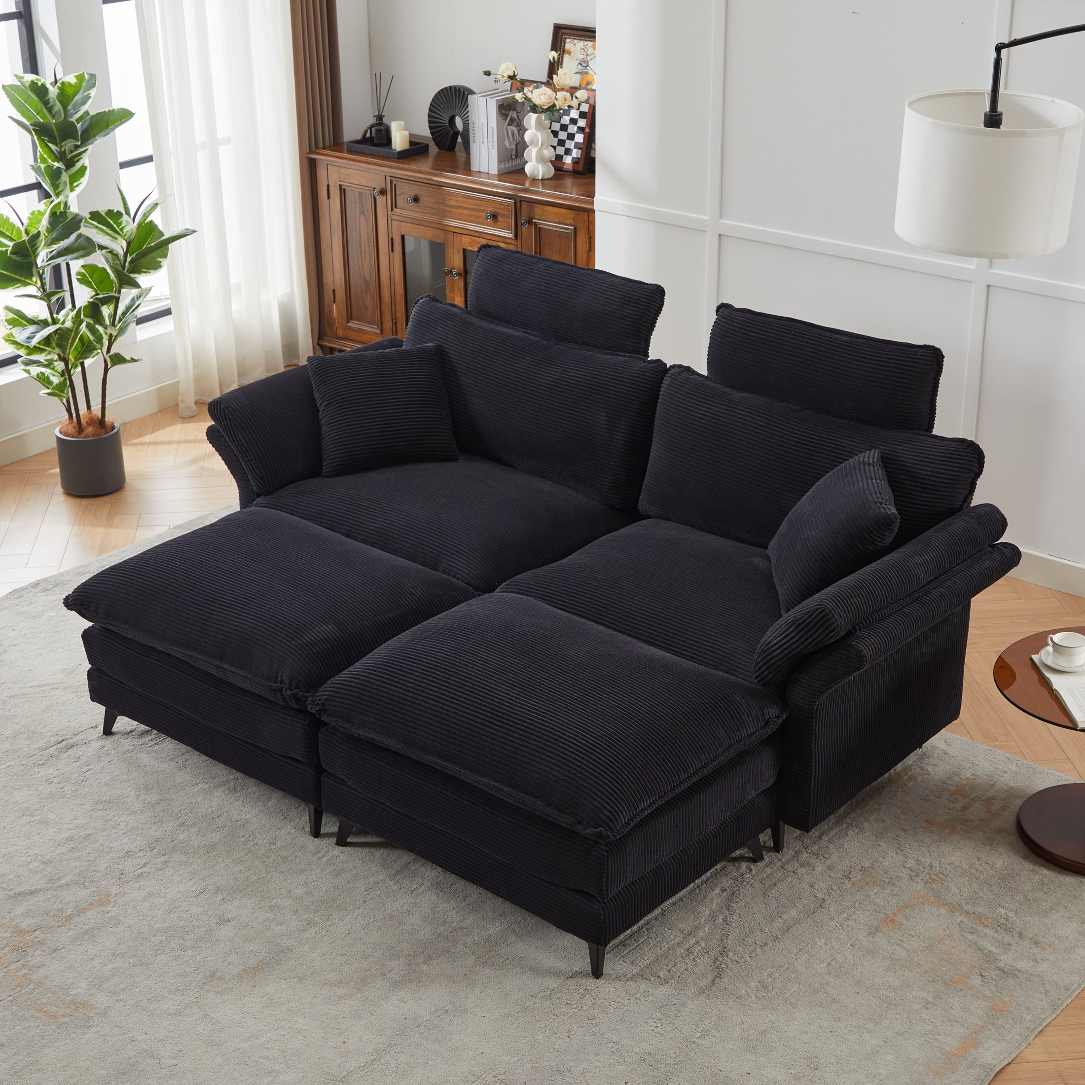 [New] Deep Seat Sectional Sofa, Comfortable Cloud Sofa with Ottomans, loveseat or 4-seater Sofa, 85.8''Modern Corduroy Upholstered Sectional Sofa for Living Room, Apartment, Studio, Office (Black).