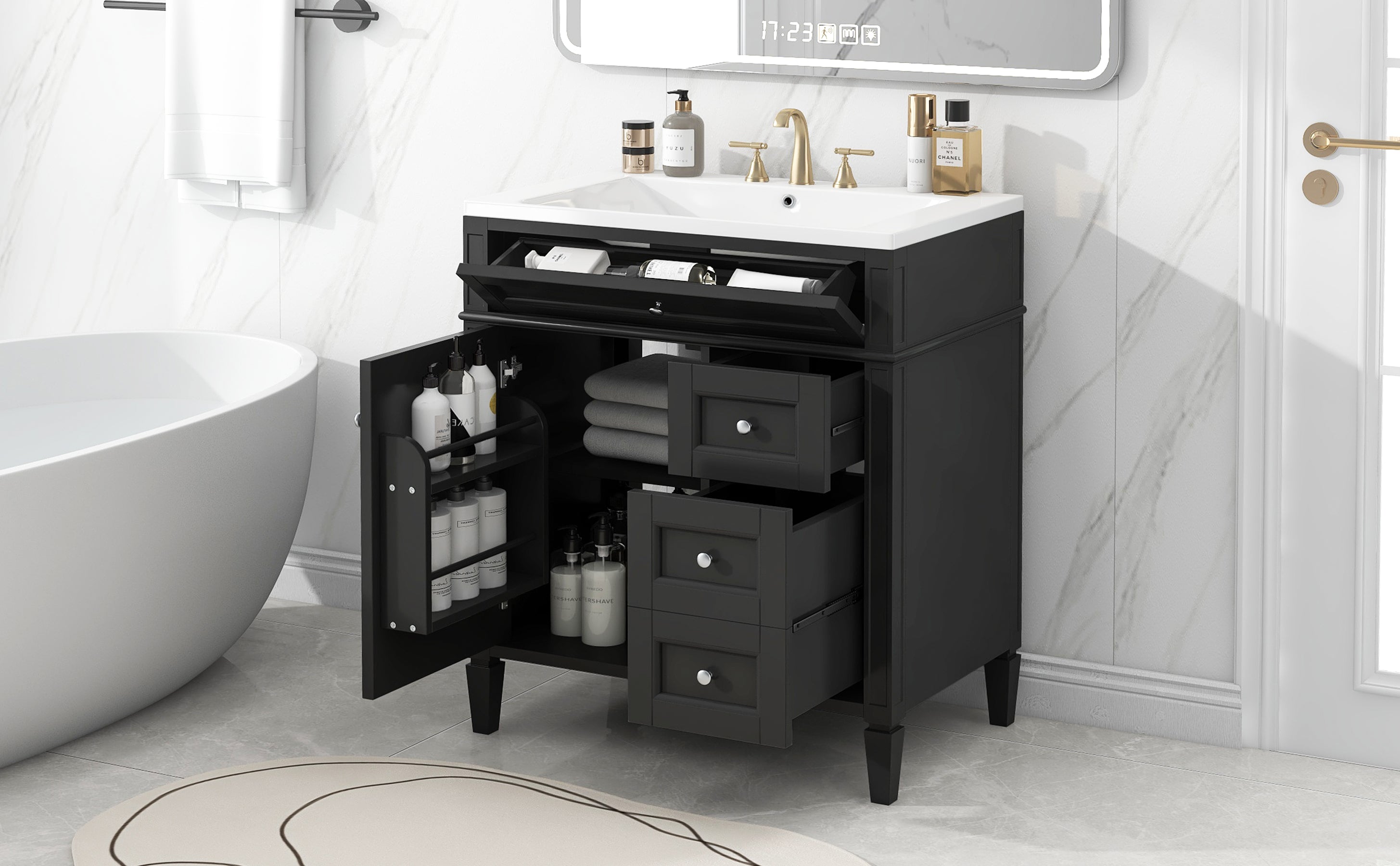 30'' Bathroom Vanity with Top Sink, Modern Bathroom Storage Cabinet with 2 Drawers and a Tip-out Drawer, Single Sink Bathroom Vanity