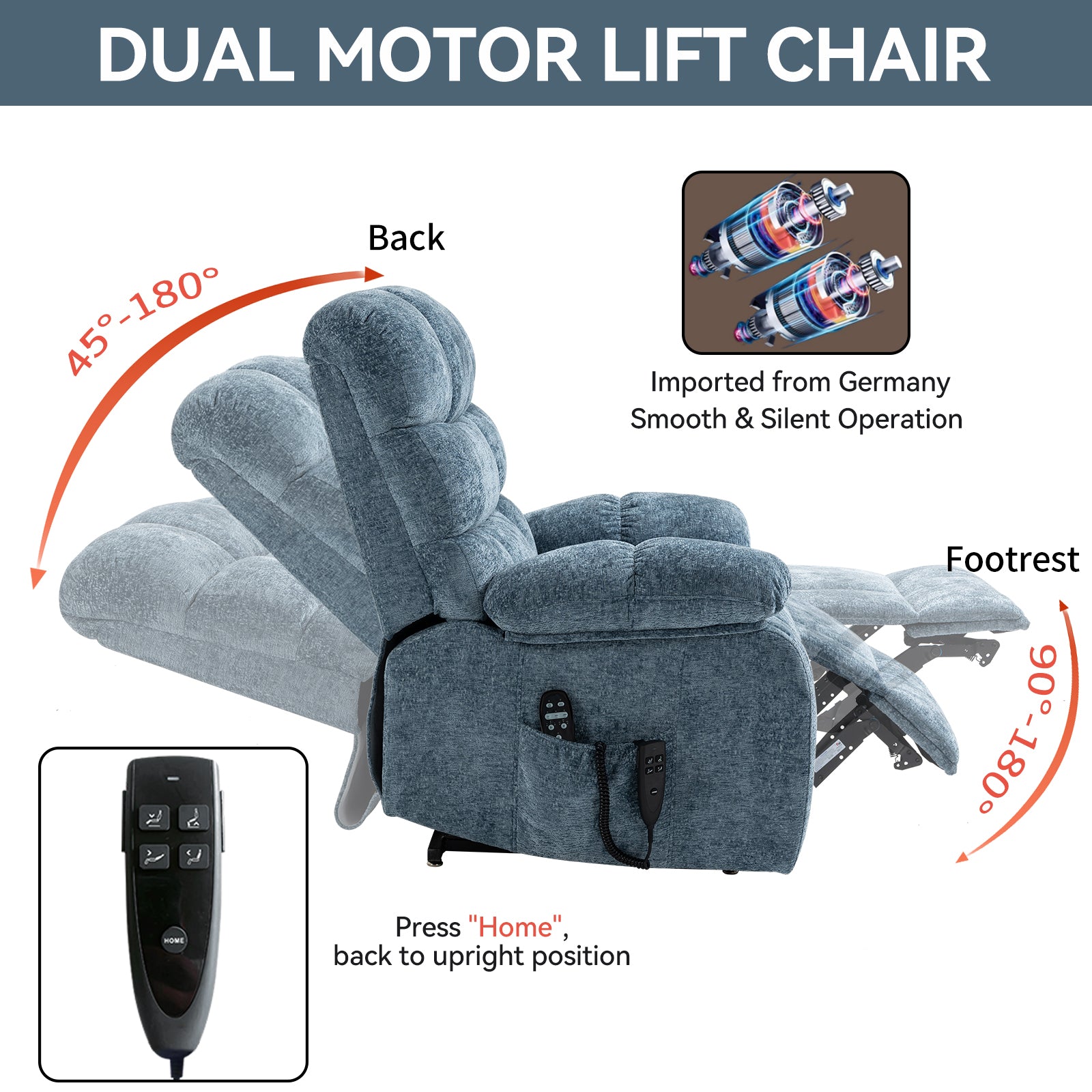 Lift Recliner Chair Heat Massage Dual Motor Infinite Position Up to 350 LBS Large Electric Power Lift Recliners with Power-Remote, Medium-firm and Heavy duty, Blue