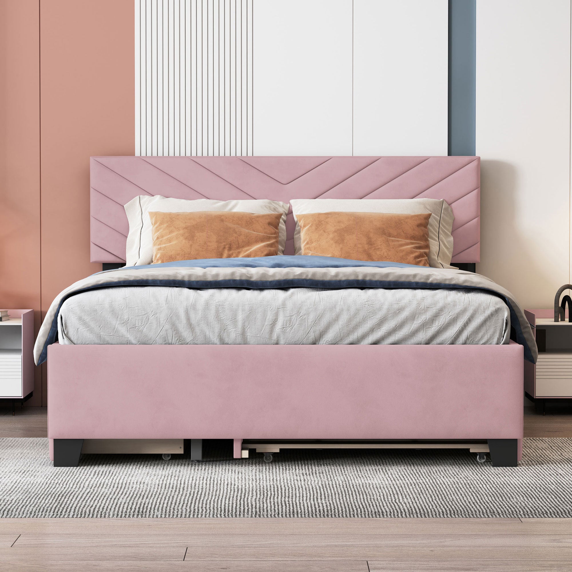 Queen Size Upholstered Platform Bed with Twill Headboard, Pullout Bed and Two Drawers, Flannel,Pink