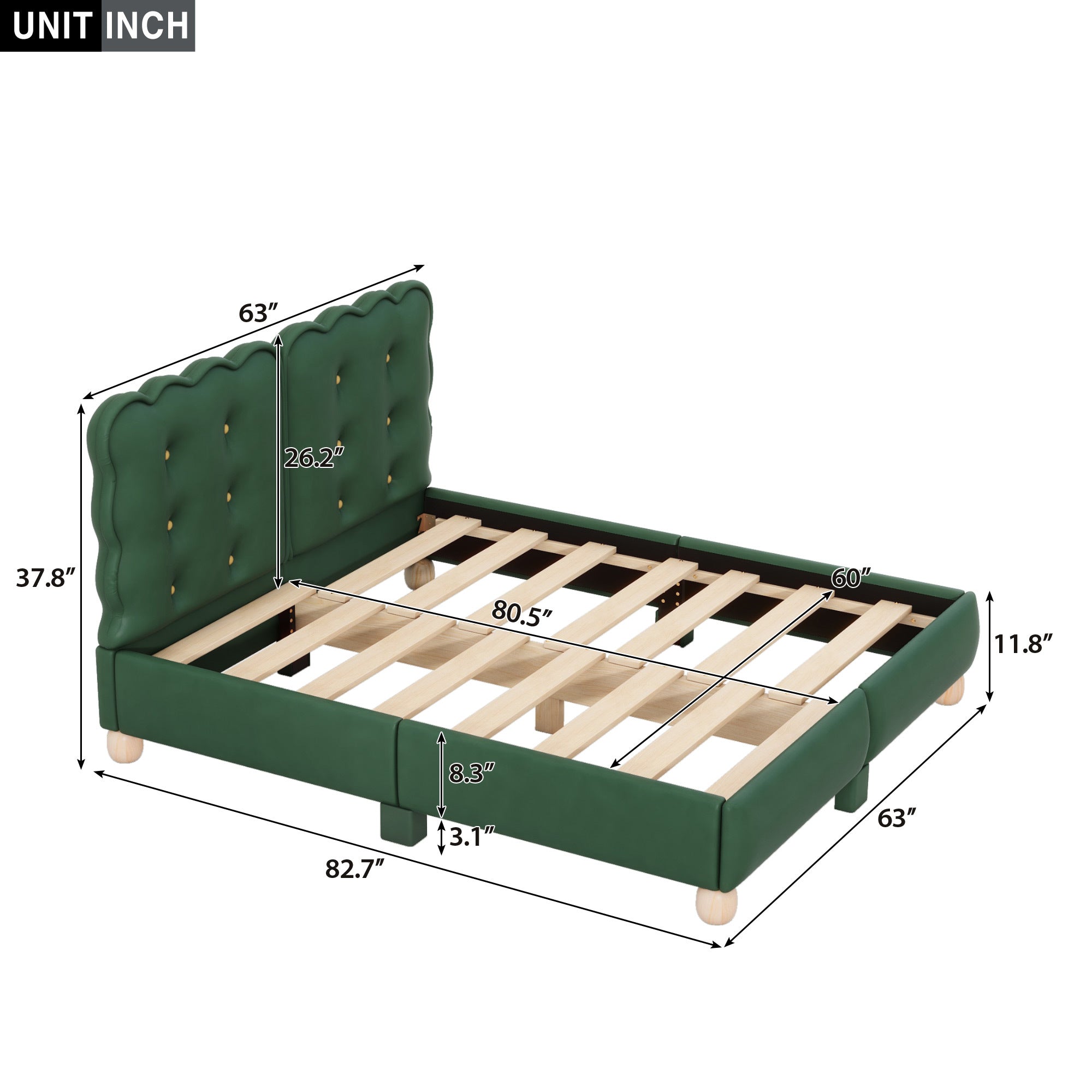 Queen Size Upholstered Platform Bed with Support Legs,Green