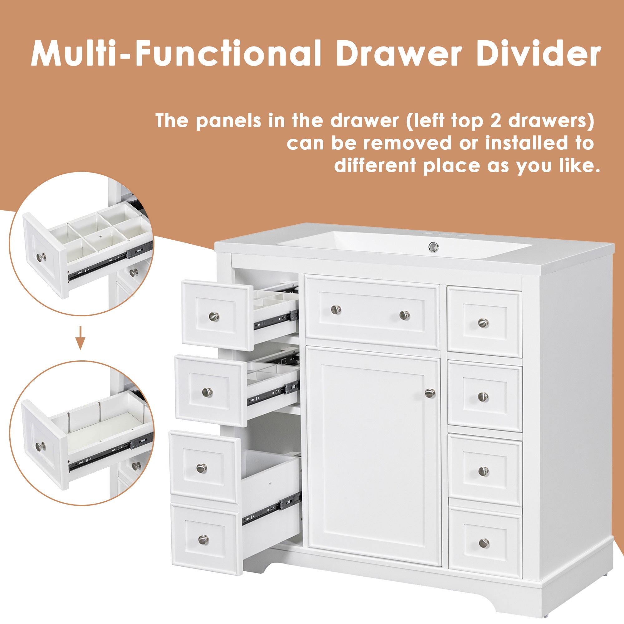 36" Bathroom Vanity with Sink Combo, One Cabinet and Six Drawers, Solid Wood and MDF Board, White