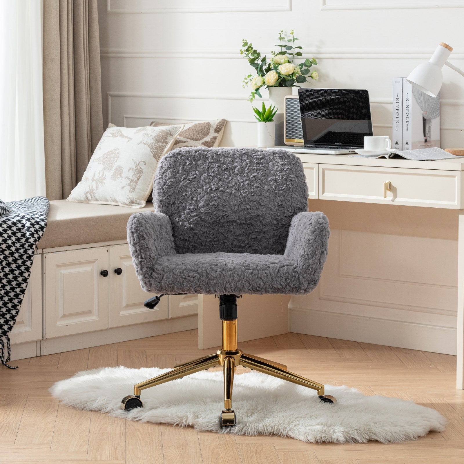 A&A Furniture Office Chair,Artificial rabbit hair Home Office Chair with Golden Metal Base,Adjustable Desk Chair Swivel Office Chair,Vanity Chair(Gray)