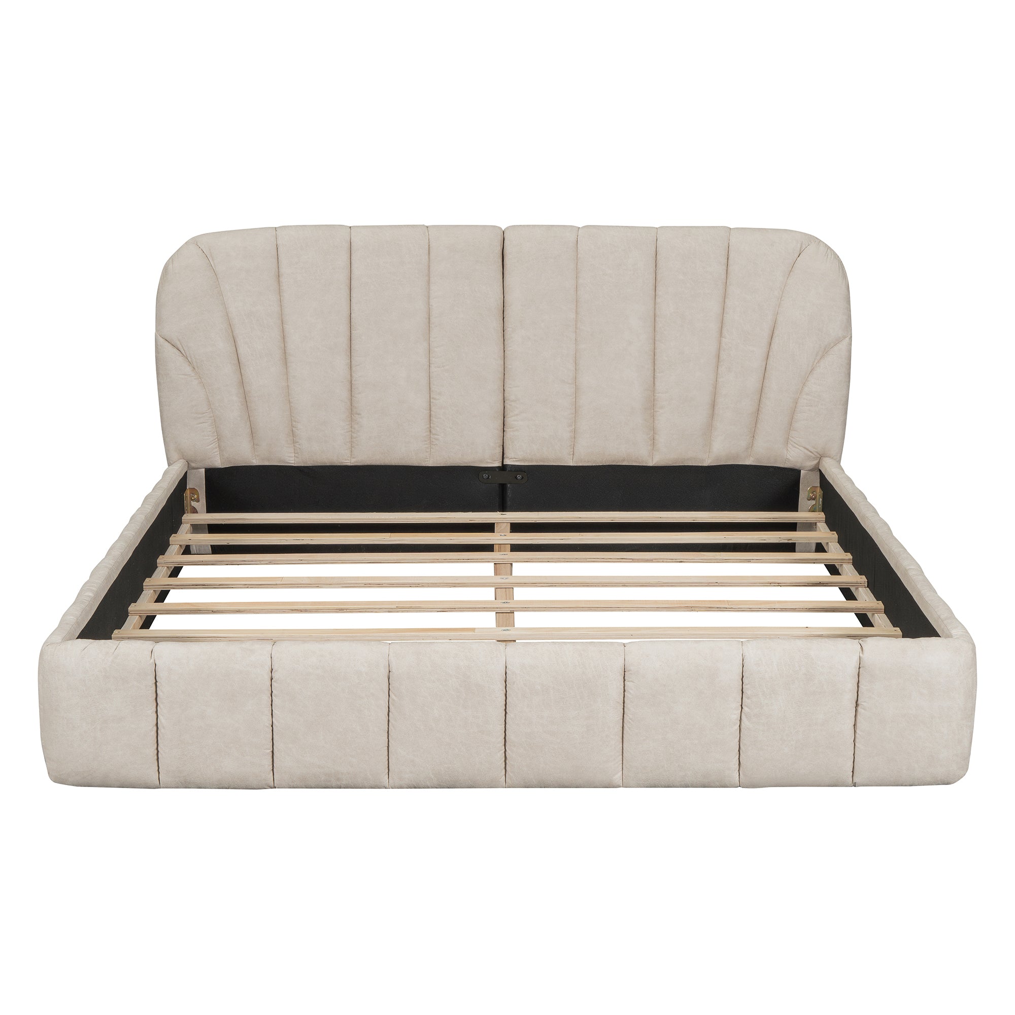 Queen Size Upholstered Platform Bed with Thick Fabric, Polyester, Beige