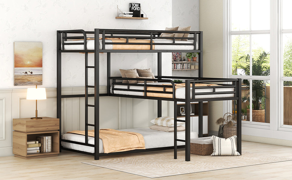 L-shaped Metal Triple Twin Size Bunk Bed, Black(OLD SKU:SM000605AAB)