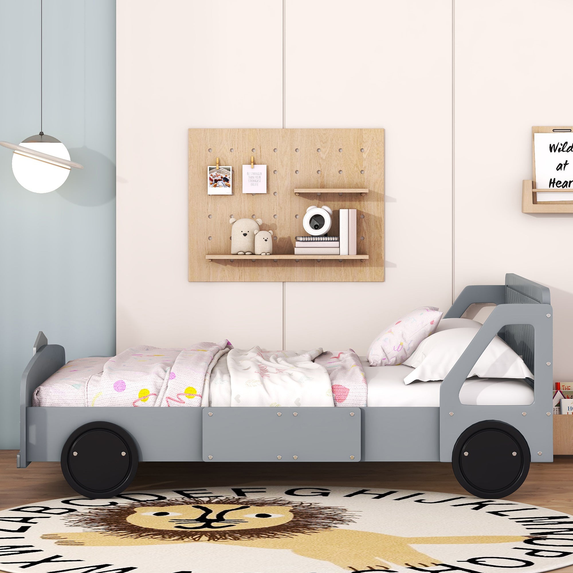 Full Size Car-Shaped Platform Bed with Wheels,Gray