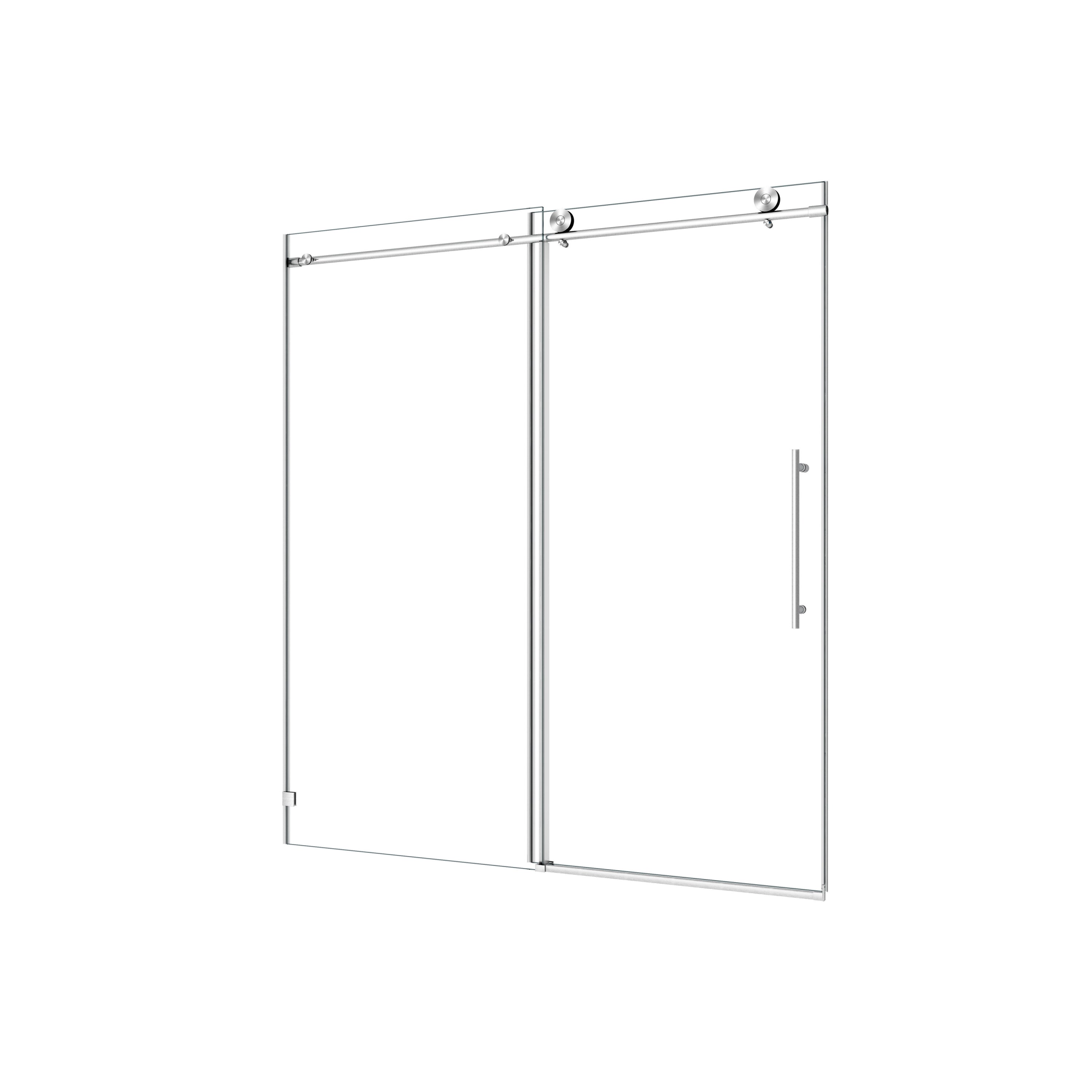 60"W x 76"H Brushed Nickel frameless one fixed and one shifted Shower Door, 70MM 304 stainless steel large pulleys with adjustable soft closing function,nano easy cleaning,stick explosion-proof menbrance