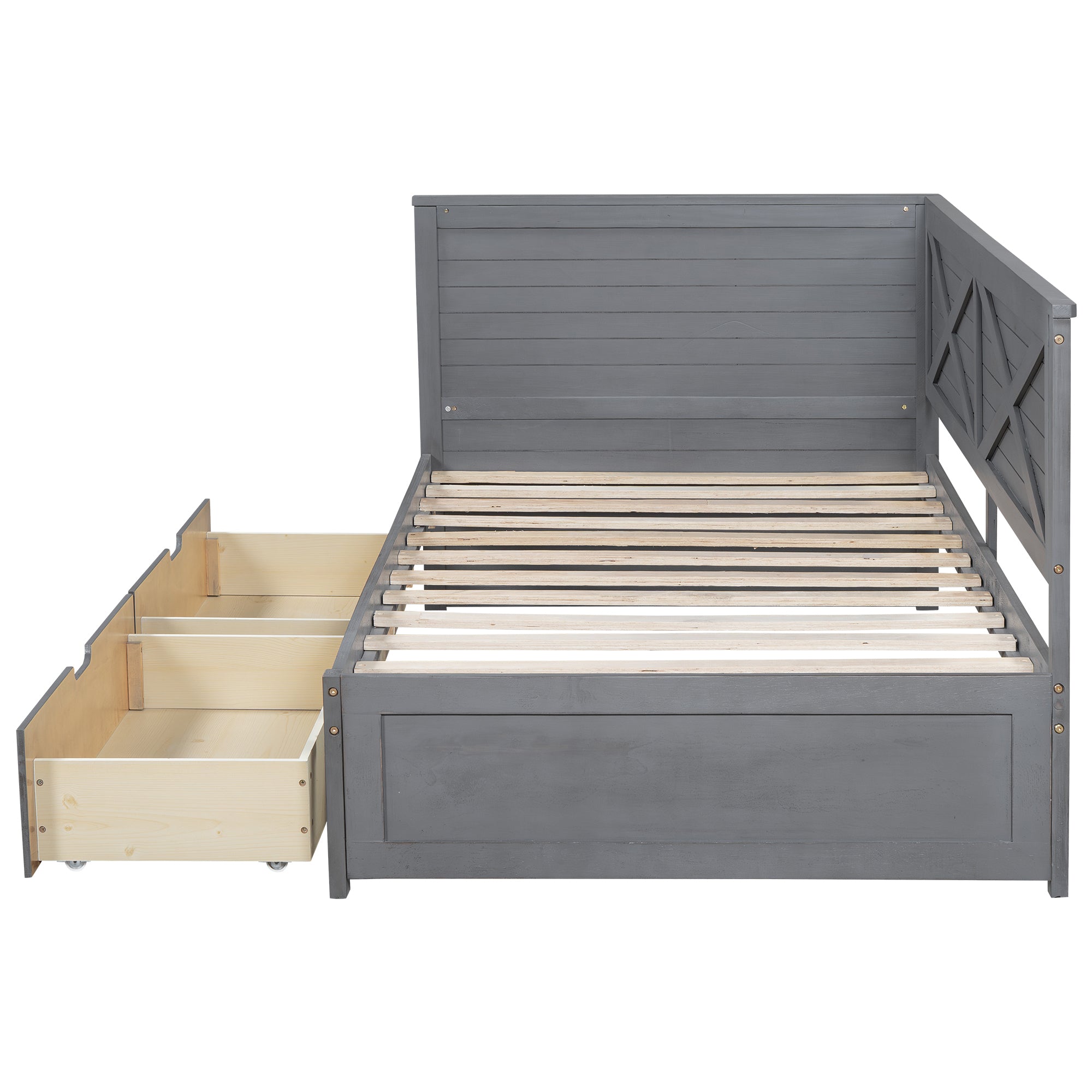 Twin Size Wood Daybed with 2 Drawers and Rustic Guardrail, Ancient Grey